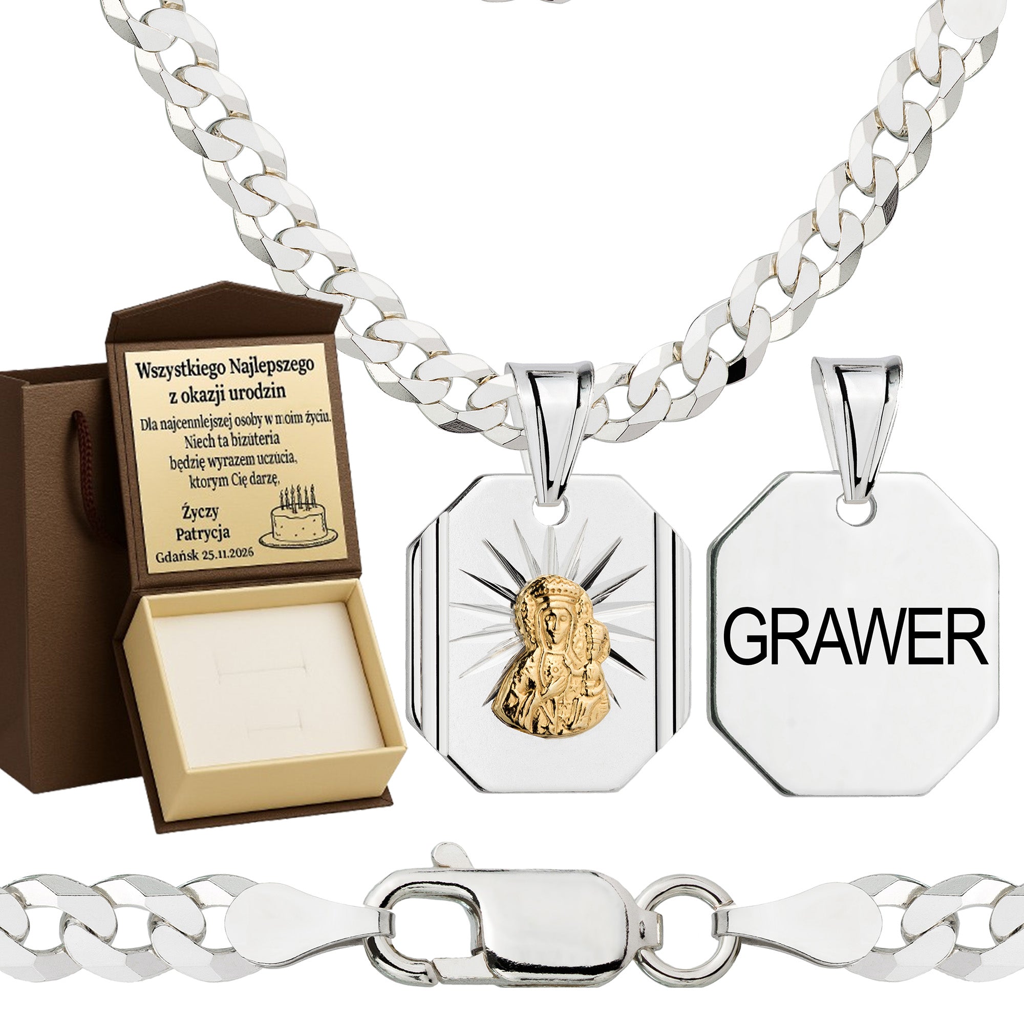 Łańcuszek srebrny z medalikiem pancerka 3,8mm pr. 925