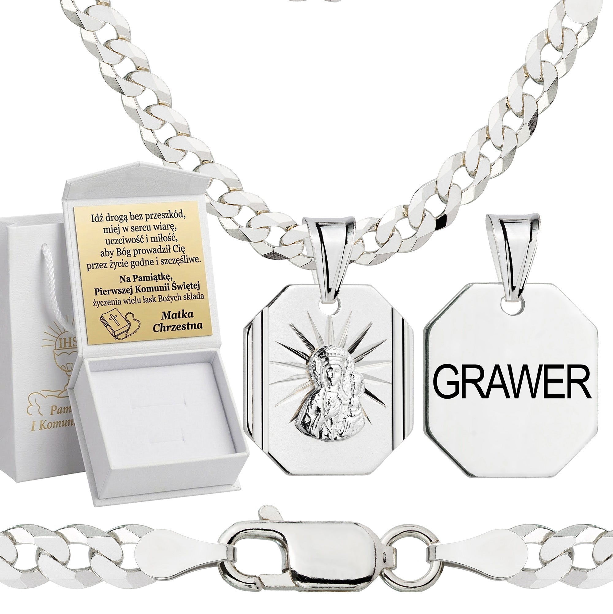 Łańcuszek komunijny srebrny z medalikiem pancerka 3,8mm z grawerowanym pudełeczkiem i zawieszką pr. 925
