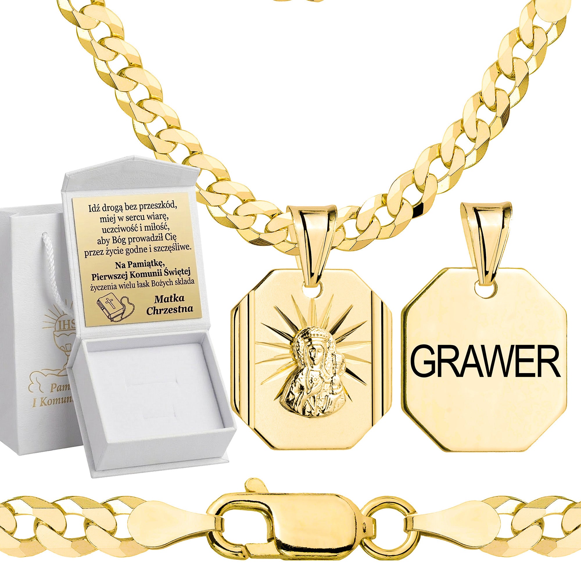 Łańcuszek komunijny pozłacany srebrny pancerka z medalikiem 3,8mm z grawerowanym pudełeczkiem i zawieszką pr. 925