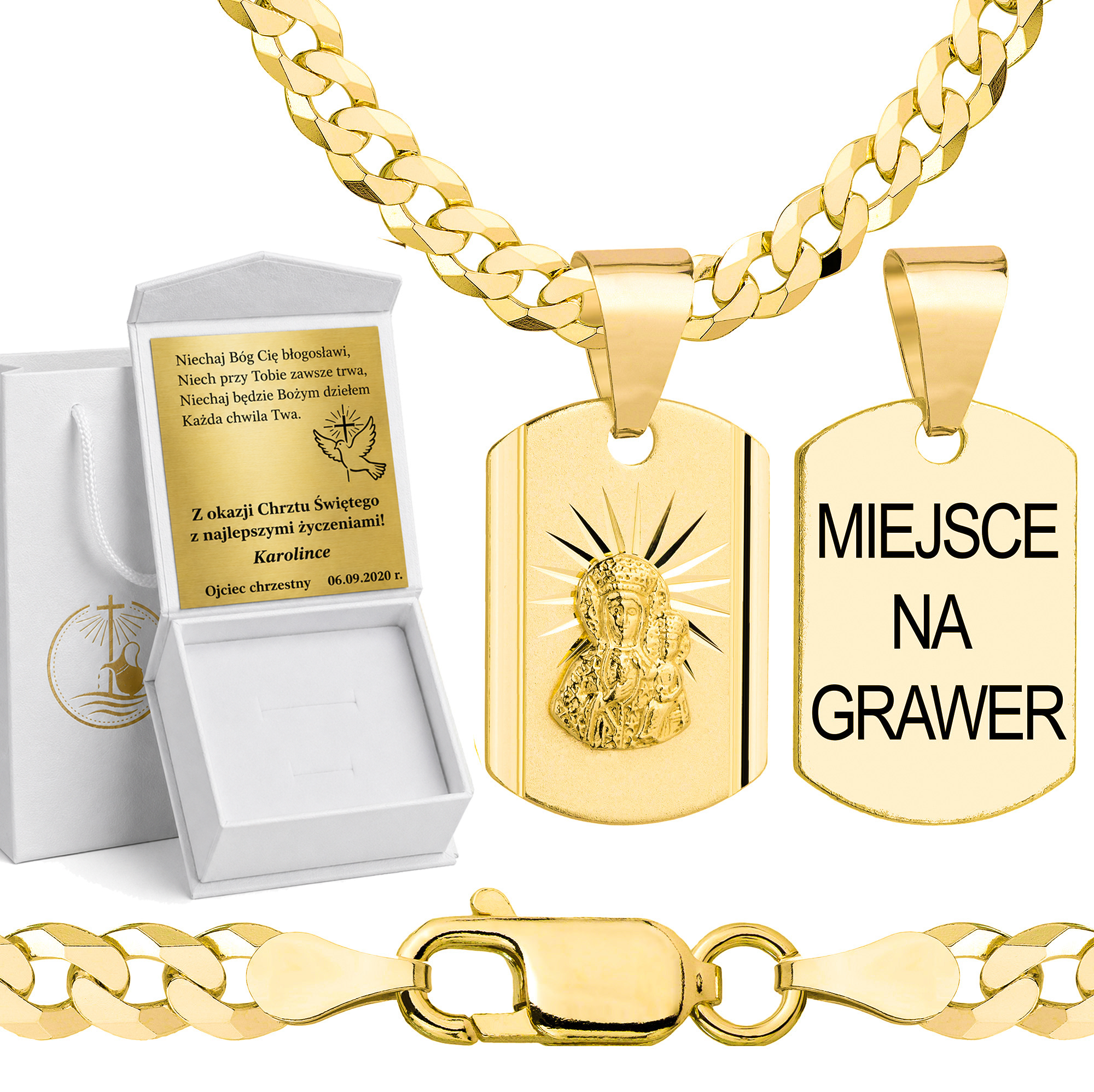 Łańcuszek na Chrzest pozłacany srebrny pancerka z medalikiem 3,8mm z grawerowanym pudełeczkiem i zawieszką pr. 925