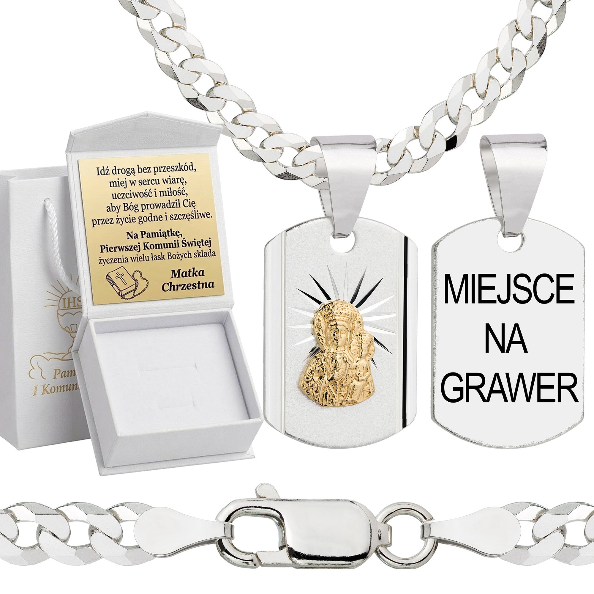 Łańcuszek komunijny srebrny z medalikiem pancerka 3,8mm z grawerowanym pudełeczkiem i zawieszką pr. 925