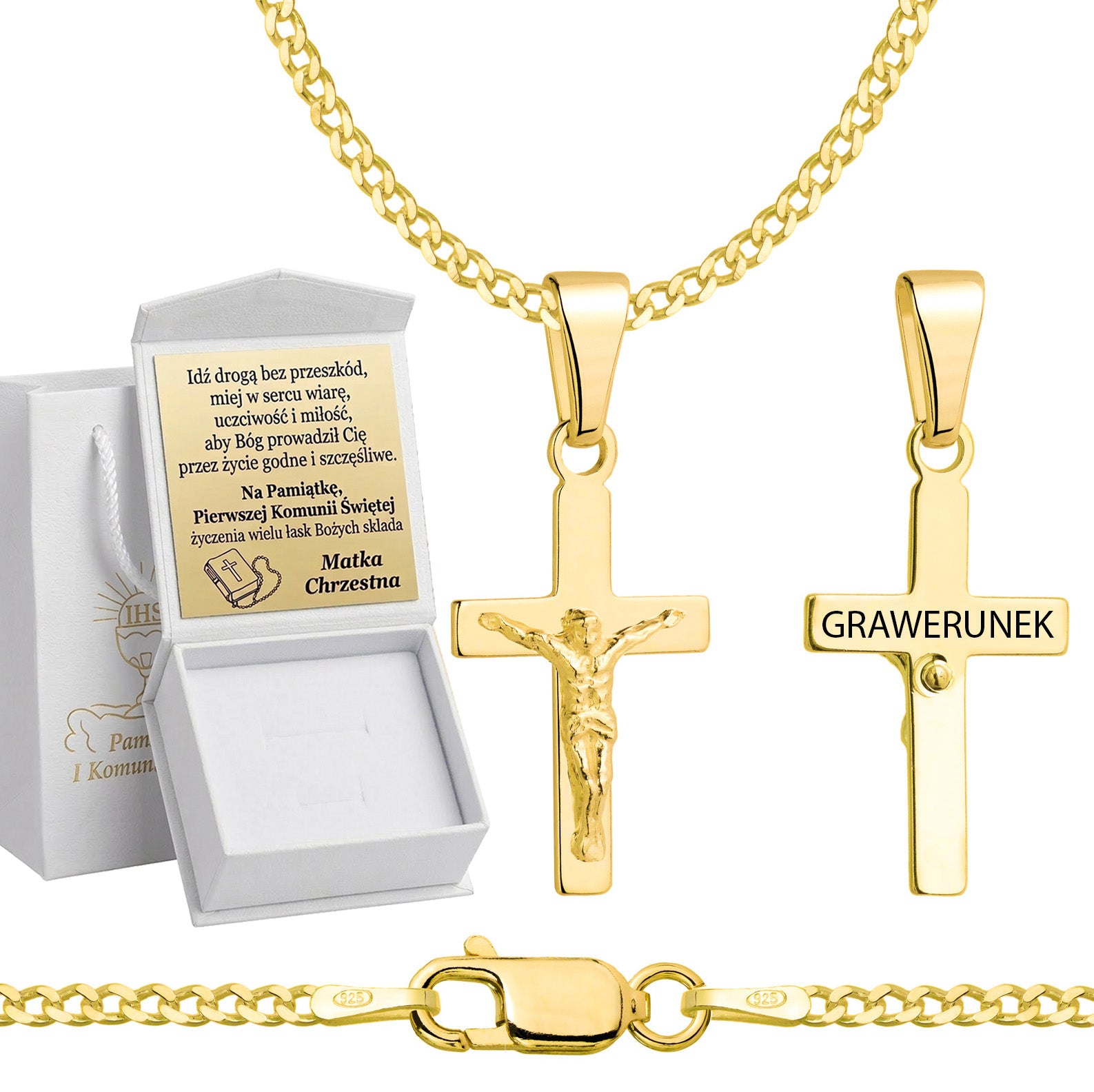 Łańcuszek komunijny pozłacany srebrny pancerka z krzyżykiem 2mm z grawerowanym pudełeczkiem i zawieszką pr. 925