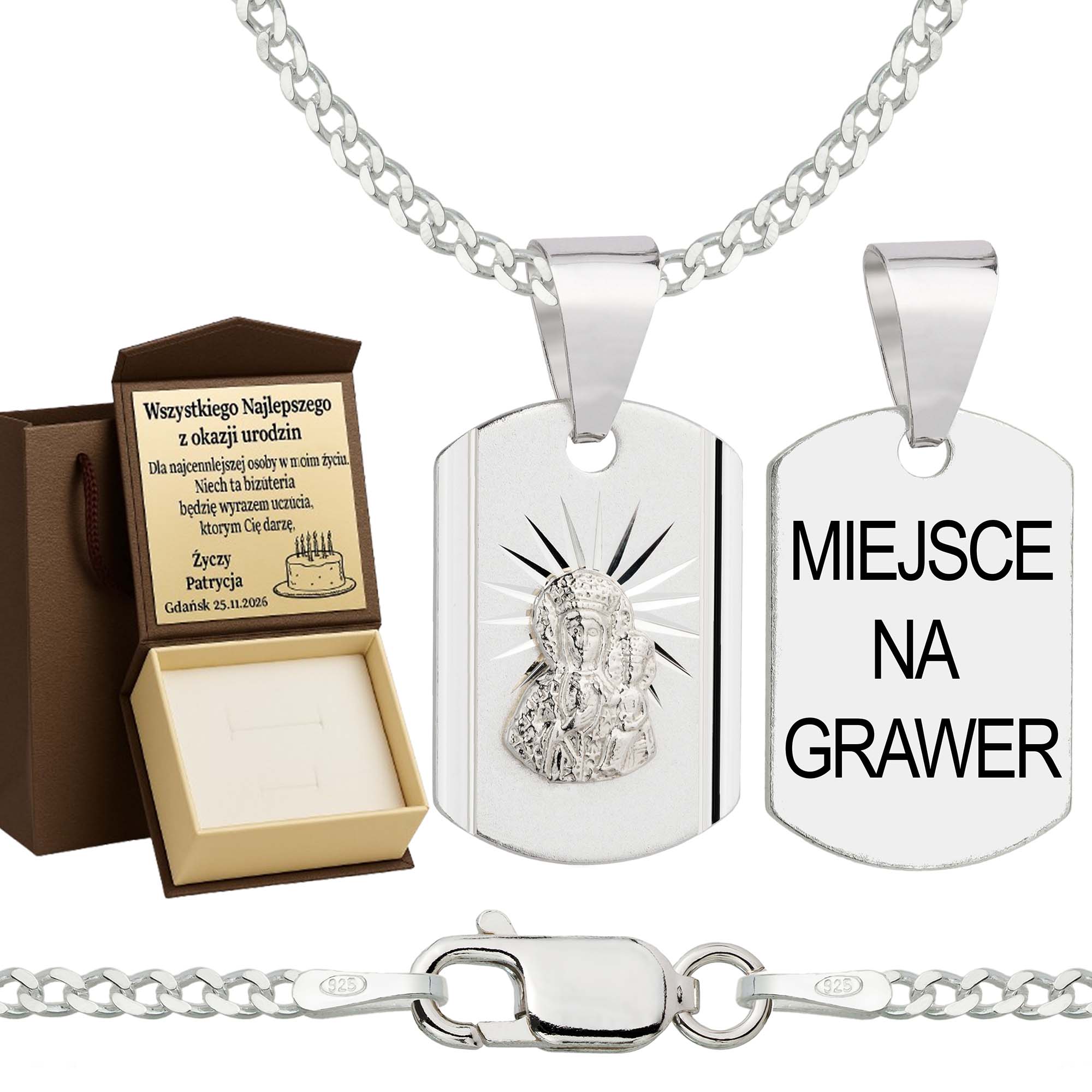 Łańcuszek srebrny z medalikiem pancerka 2mm pr. 925