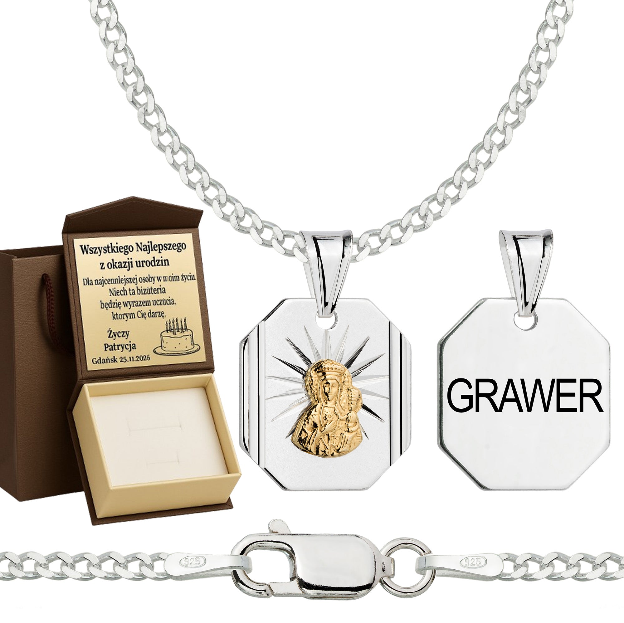 Łańcuszek srebrny z medalikiem pancerka 2mm pr. 925