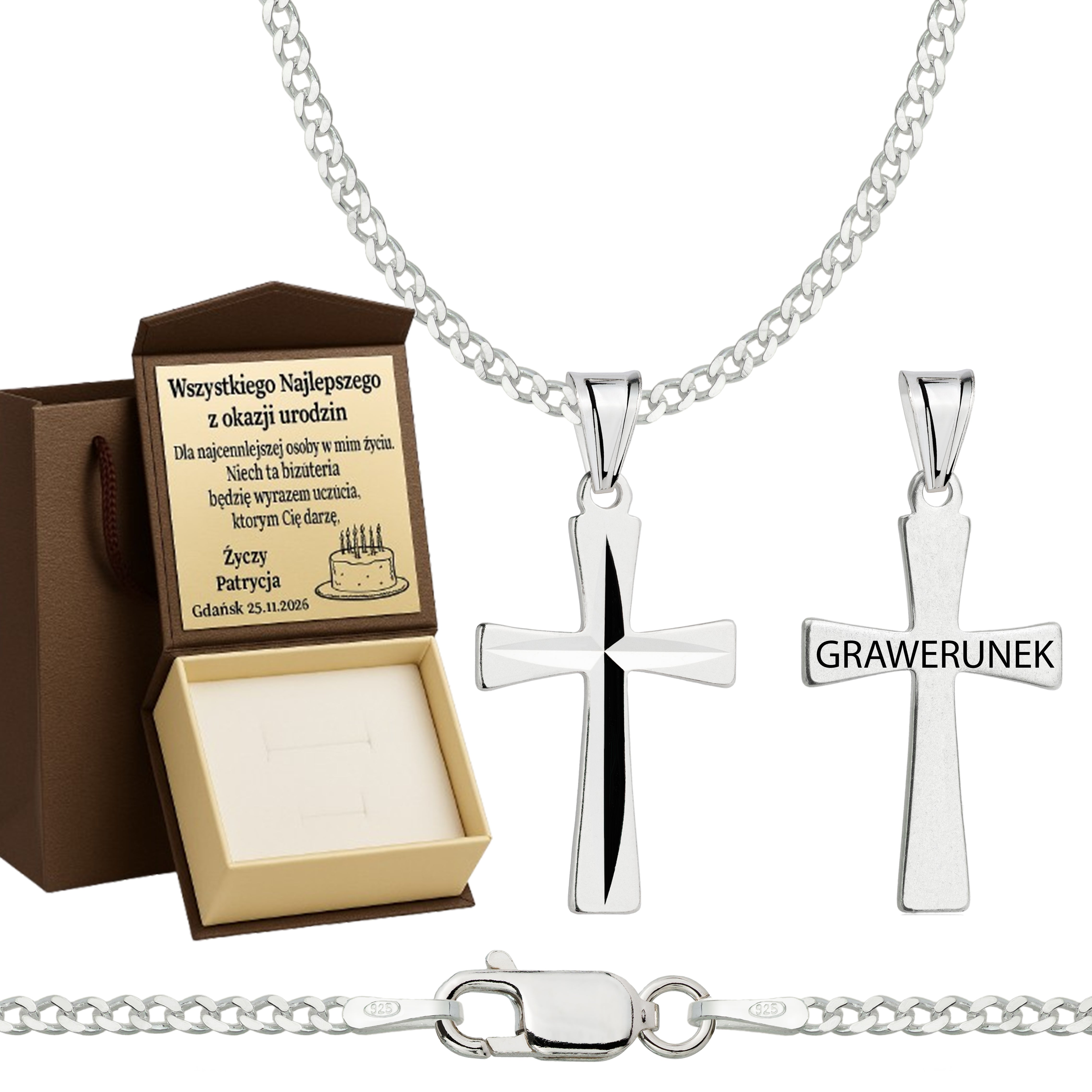 Łańcuszek srebrny z krzyżykiem pancerka 2mm pr. 925