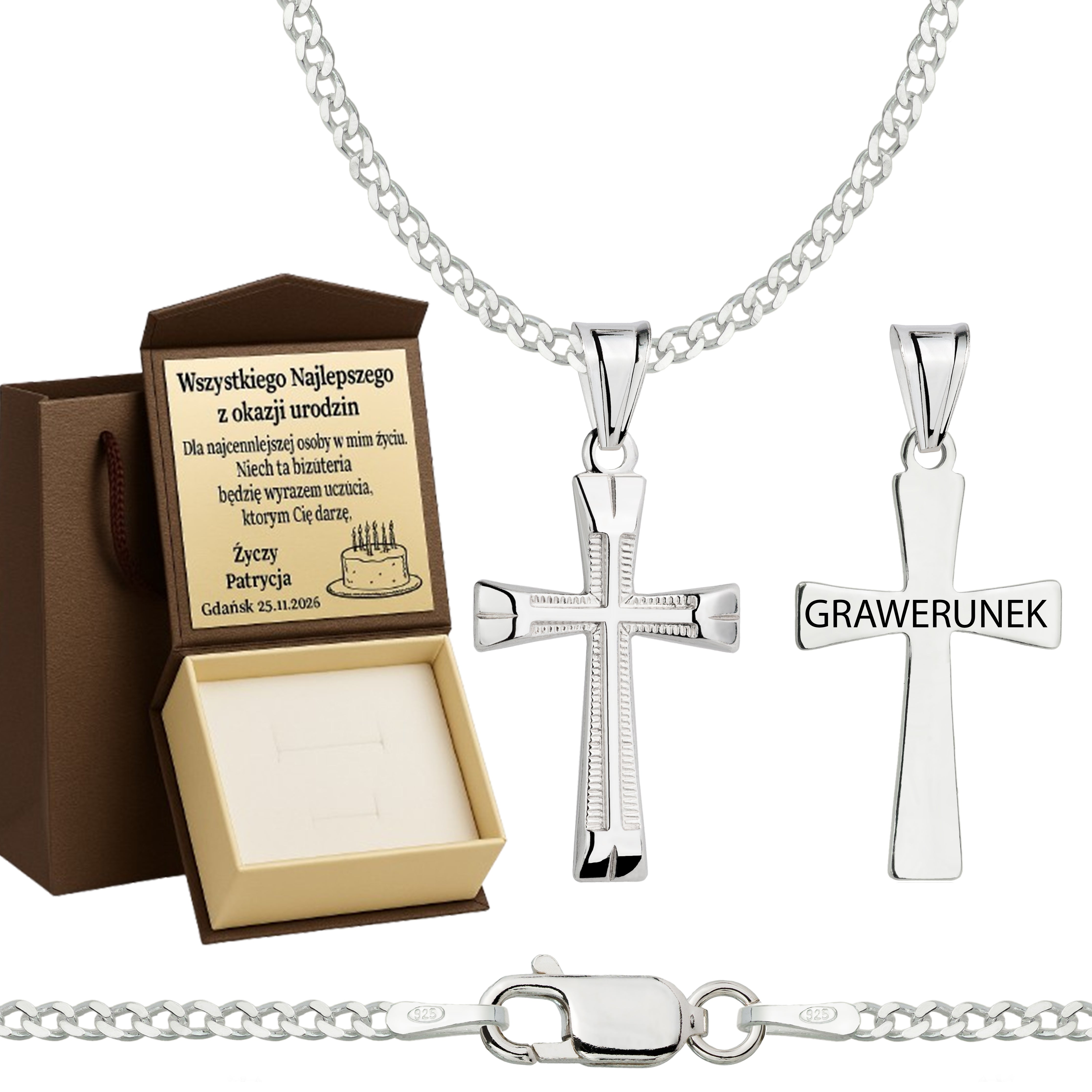 Łańcuszek srebrny z krzyżykiem pancerka 2mm pr. 925