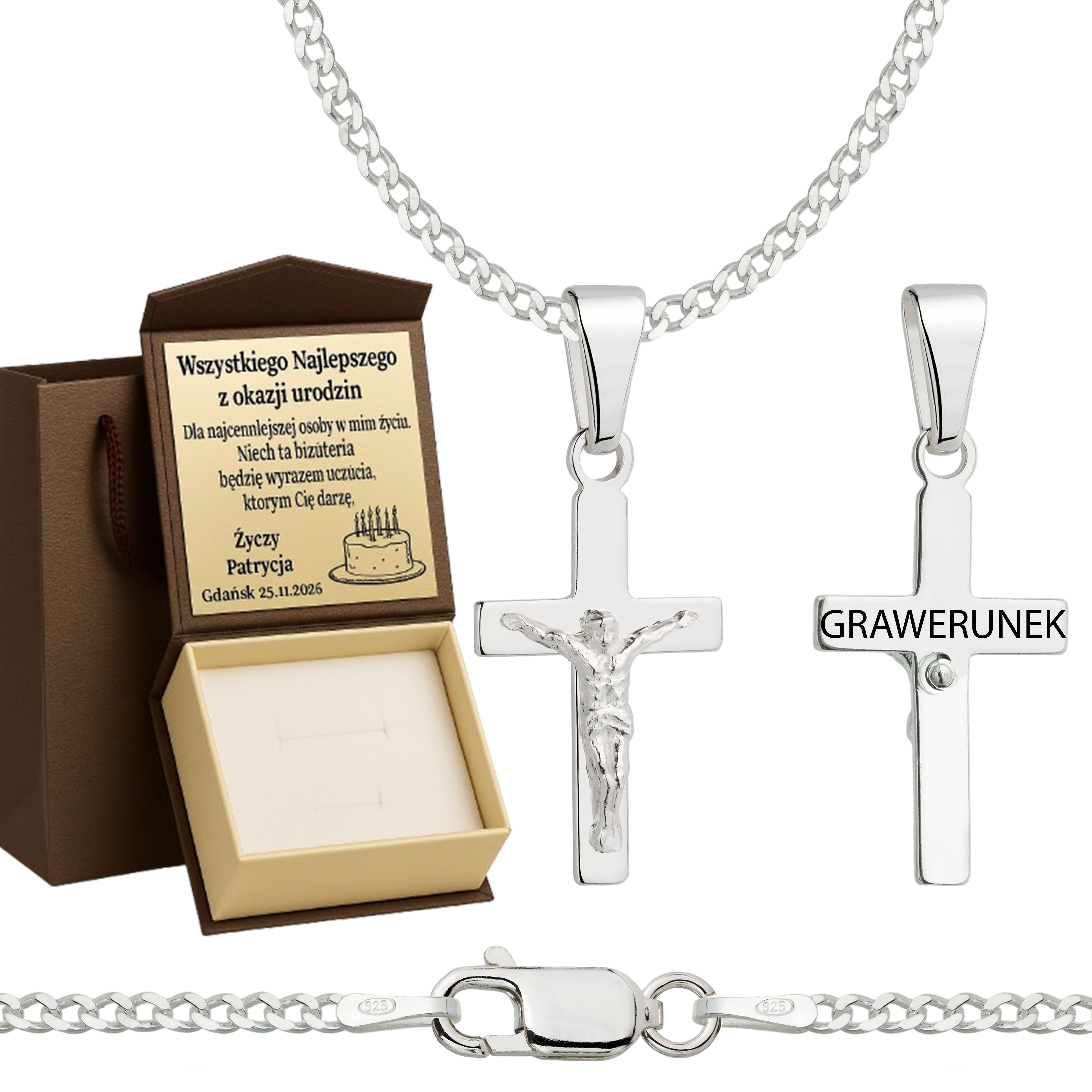 Łańcuszek srebrny z krzyżykiem pancerka 2mm pr. 925