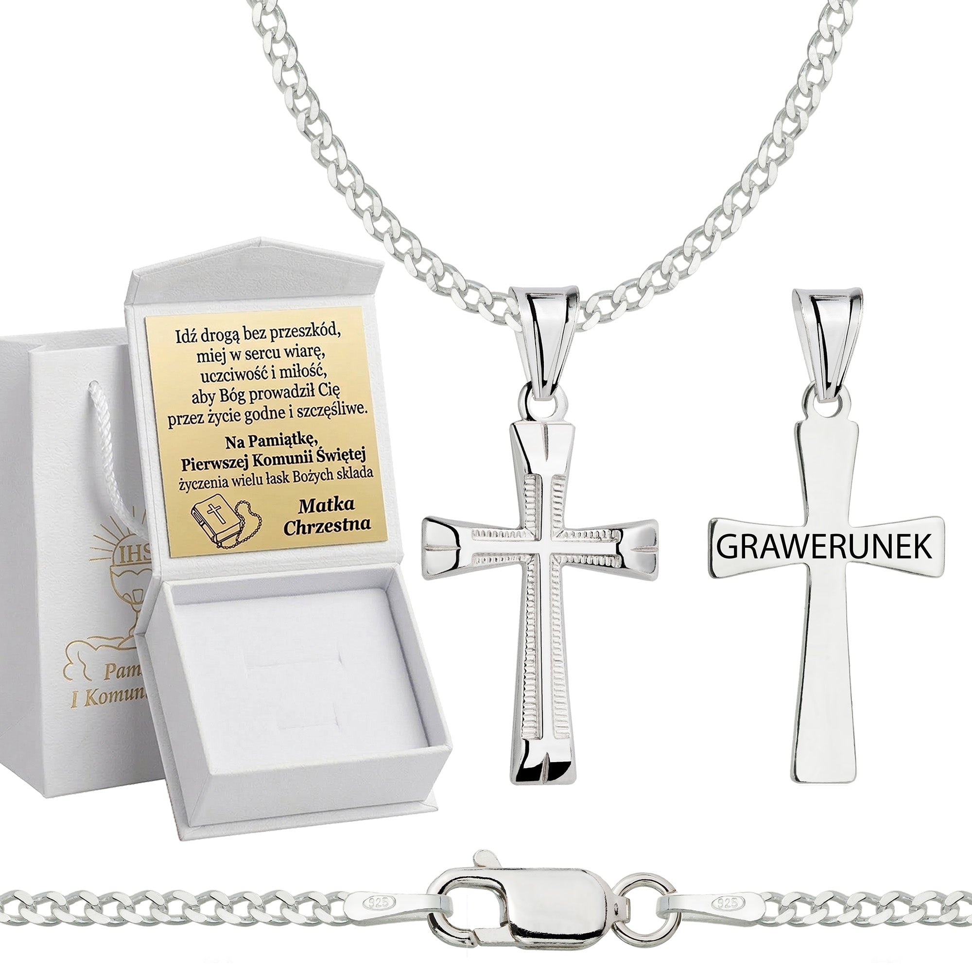 Łańcuszek komunijny srebrny z krzyżykiem pancerka 2mm z grawerowanym pudełeczkiem i zawieszką pr. 925