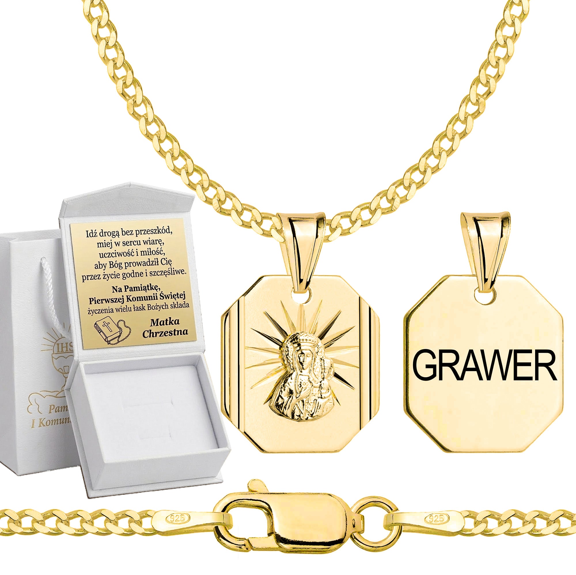 Łańcuszek komunijny pozłacany srebrny pancerka z medalikiem 2mm z grawerowanym pudełeczkiem i zawieszką pr. 925