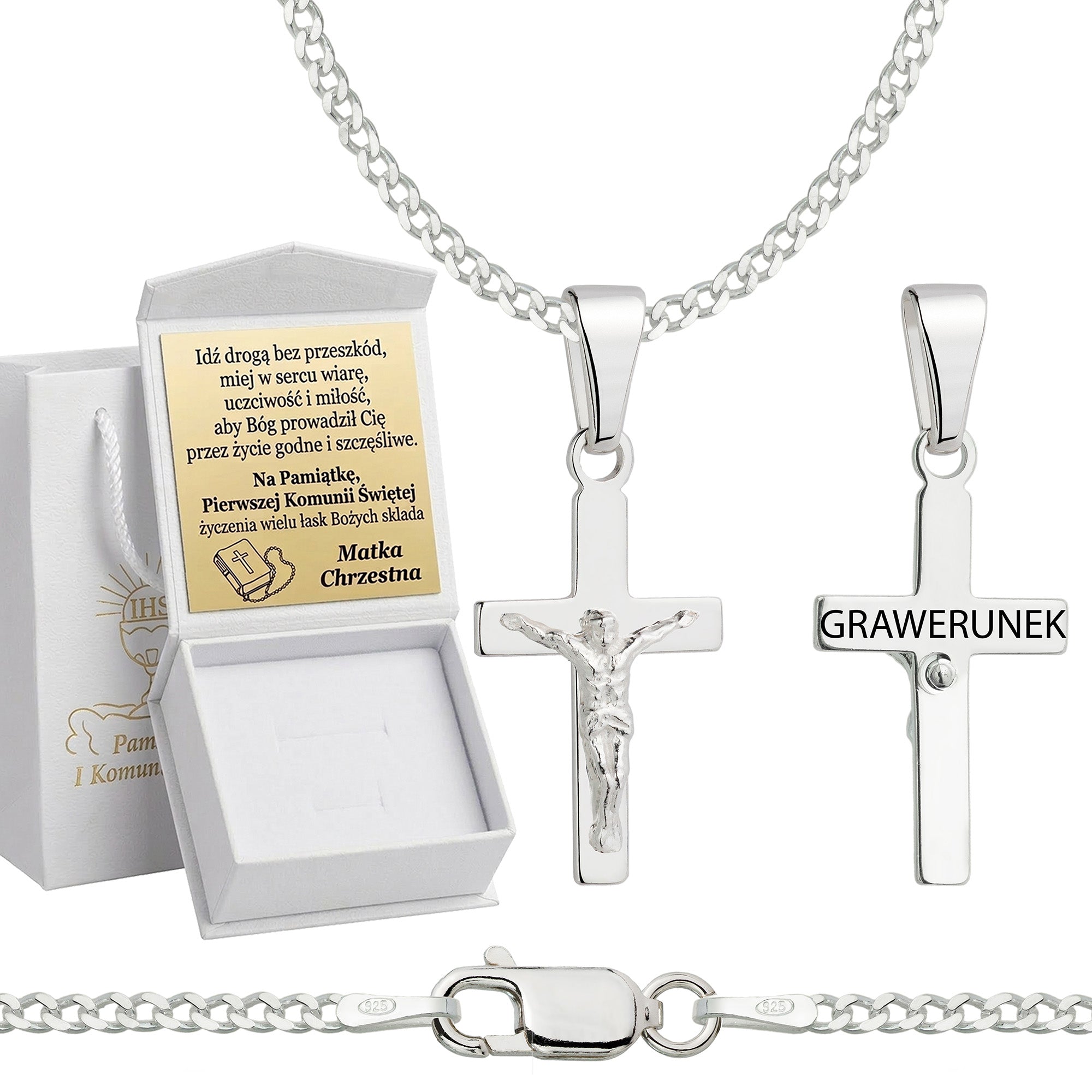 Łańcuszek komunijny srebrny z krzyżykiem pancerka 2mm z grawerowanym pudełeczkiem i zawieszką pr. 925