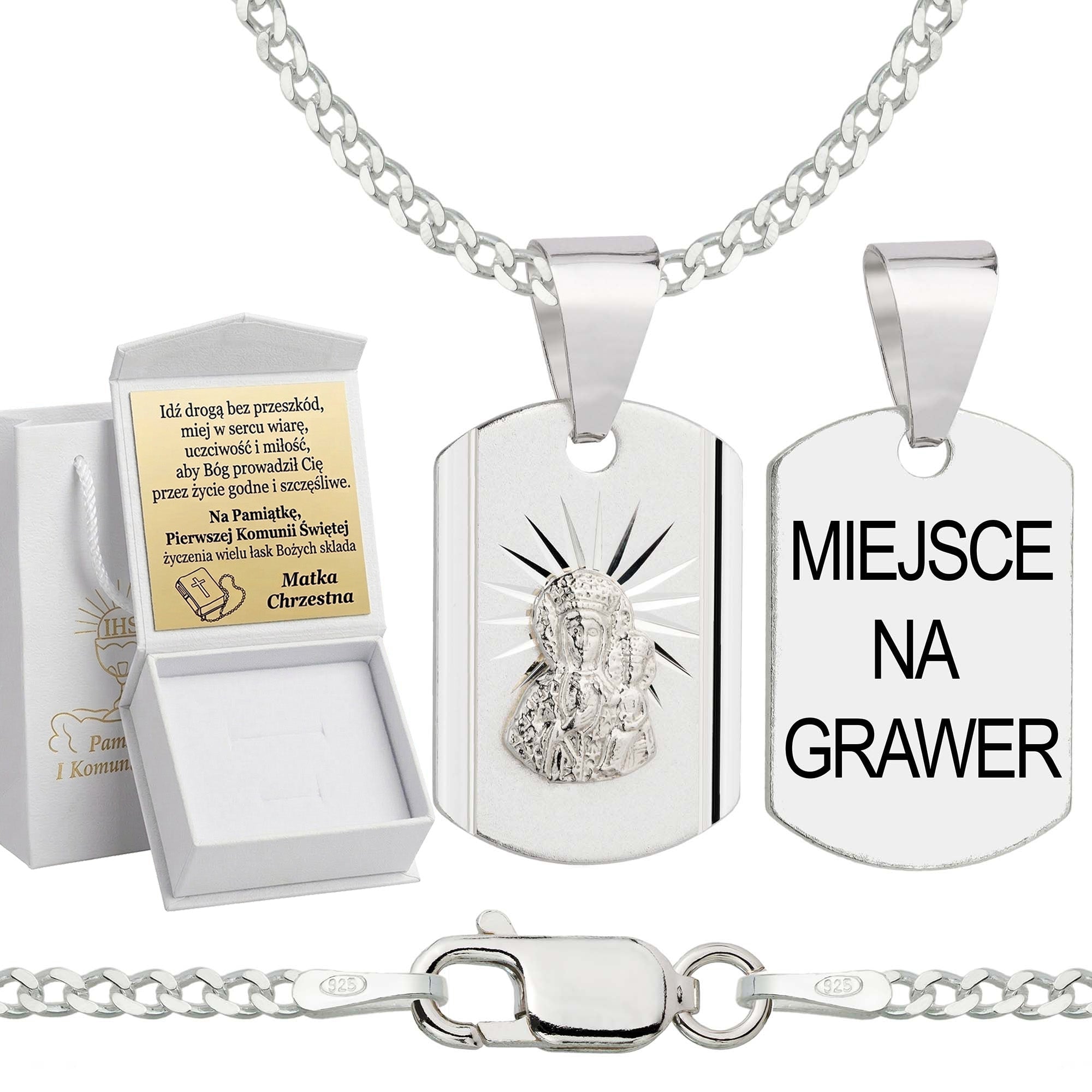 Łańcuszek komunijny srebrny z medalikiem pancerka 2mm z grawerowanym pudełeczkiem i zawieszką pr. 925