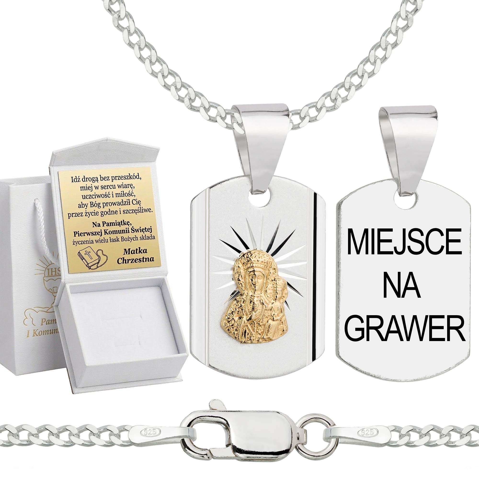 Łańcuszek komunijny srebrny z medalikiem pancerka 2mm z grawerowanym pudełeczkiem i zawieszką pr. 925