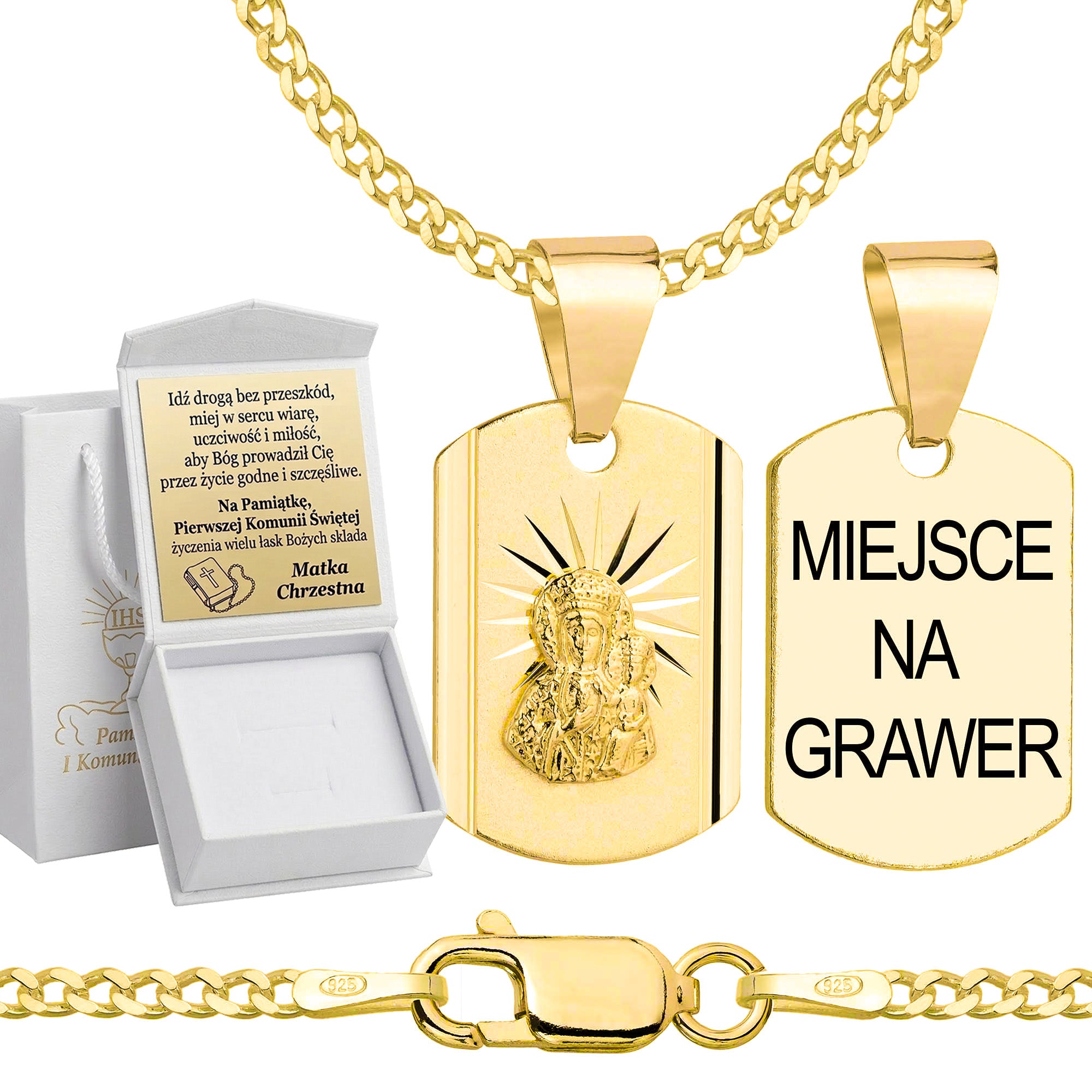 Łańcuszek komunijny pozłacany srebrny pancerka z medalikiem 2mm z grawerowanym pudełeczkiem i zawieszką pr. 925