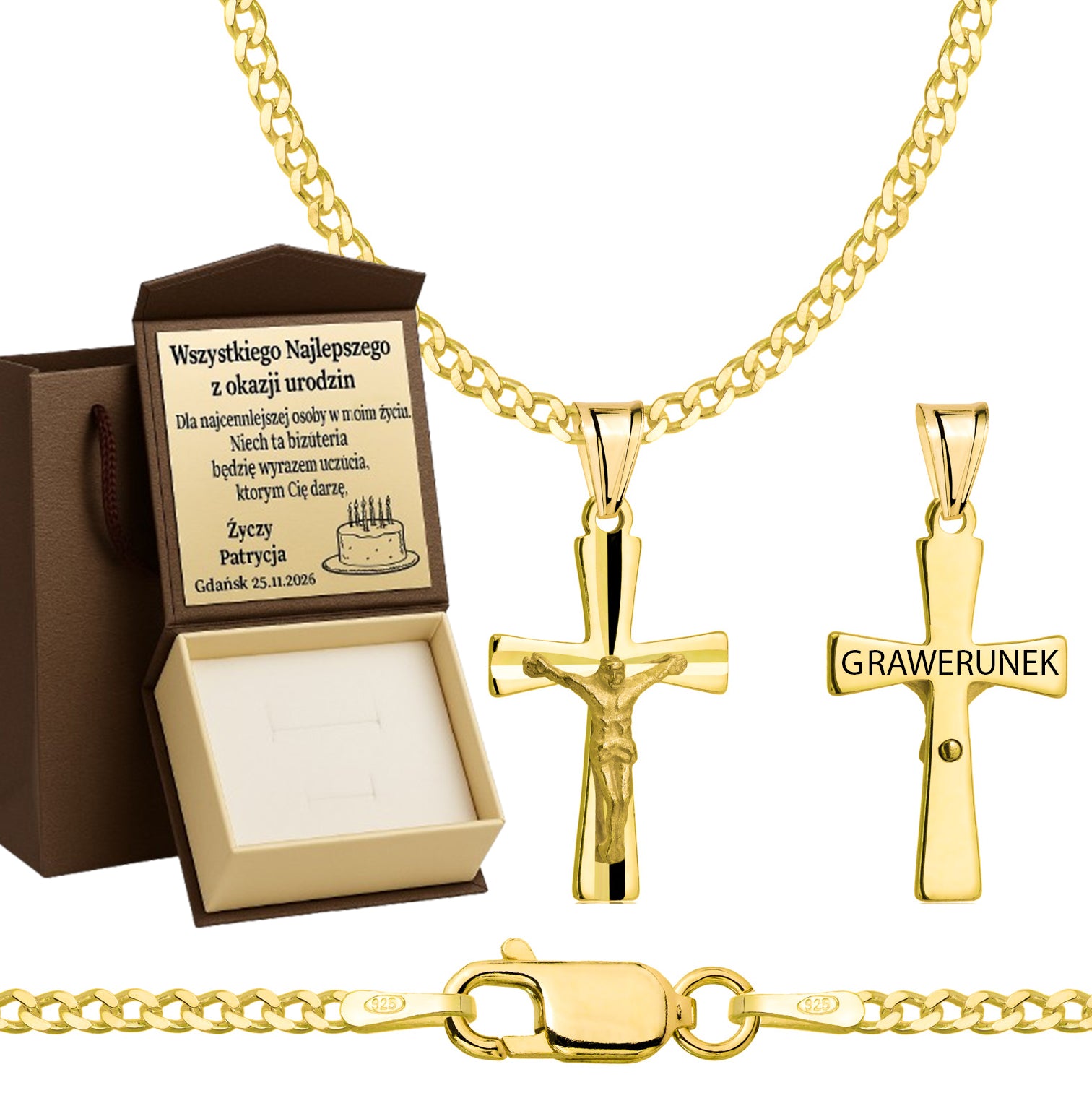 Łańcuszek pozłacany srebrny z krzyżykiem pancerka 2mm pr. 925