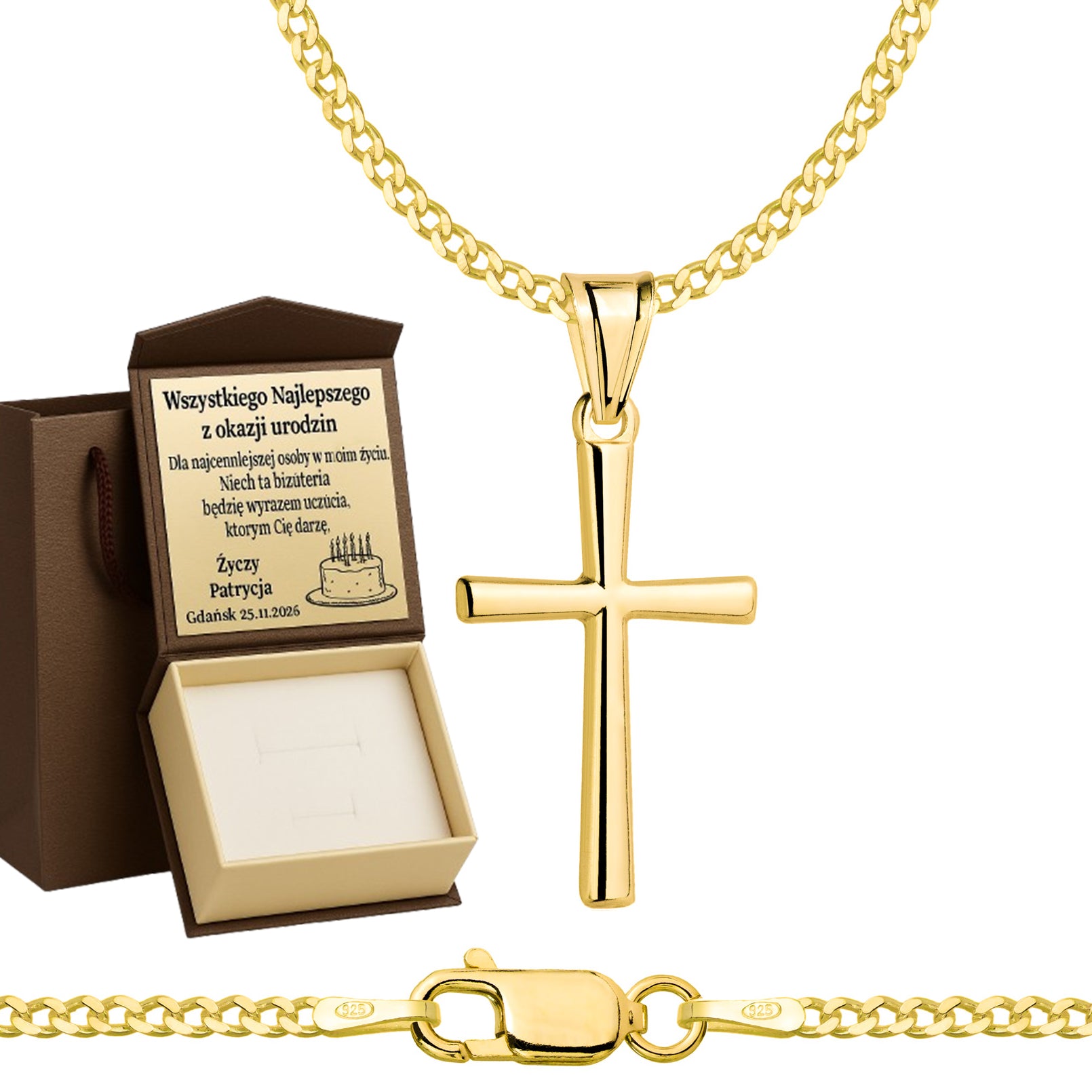 Łańcuszek pozłacany srebrny z krzyżykiem pancerka 2mm pr. 925