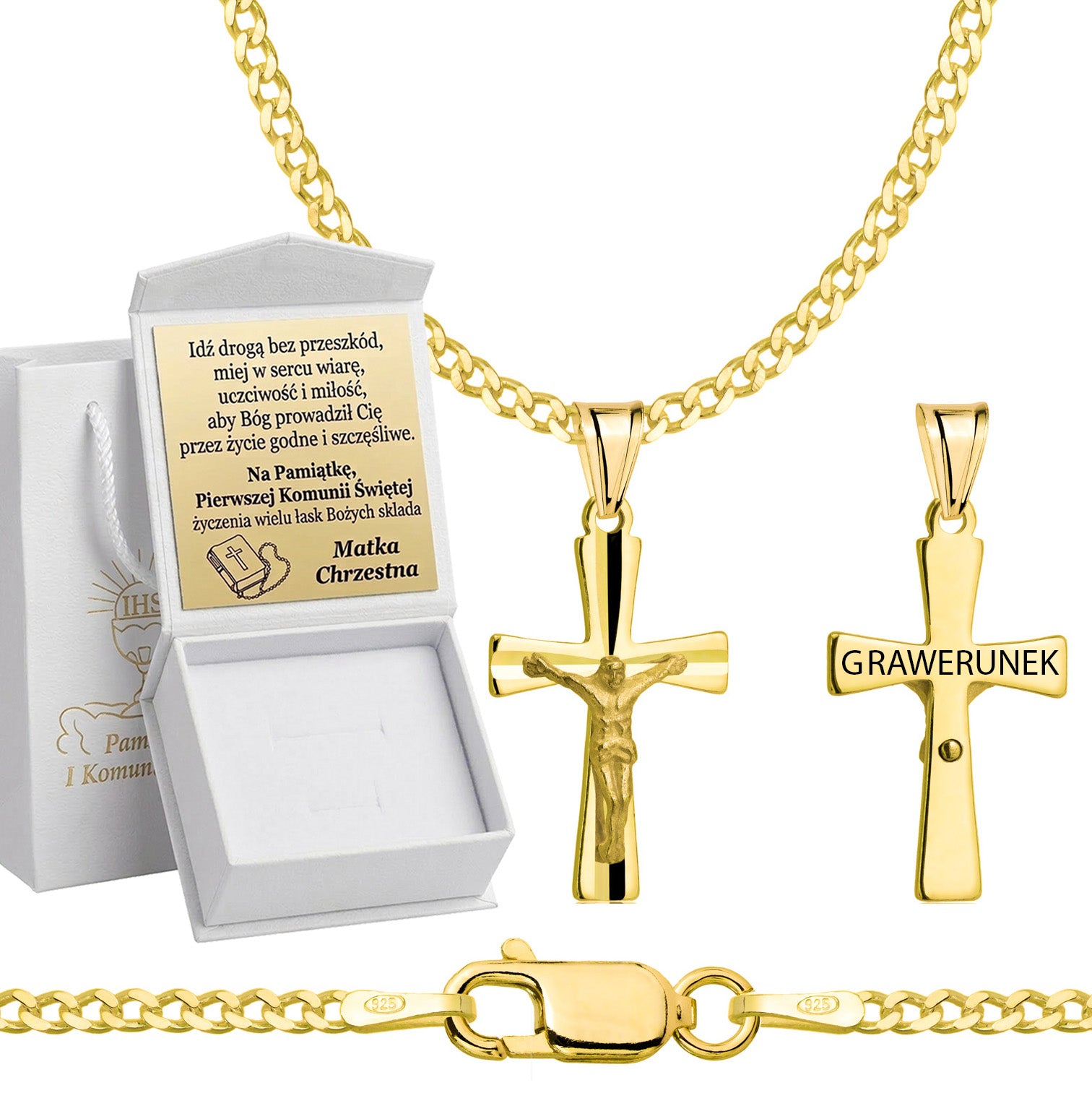 Łańcuszek komunijny pozłacany srebrny pancerka z krzyżykiem 2mm z grawerowanym pudełeczkiem i zawieszką pr. 925