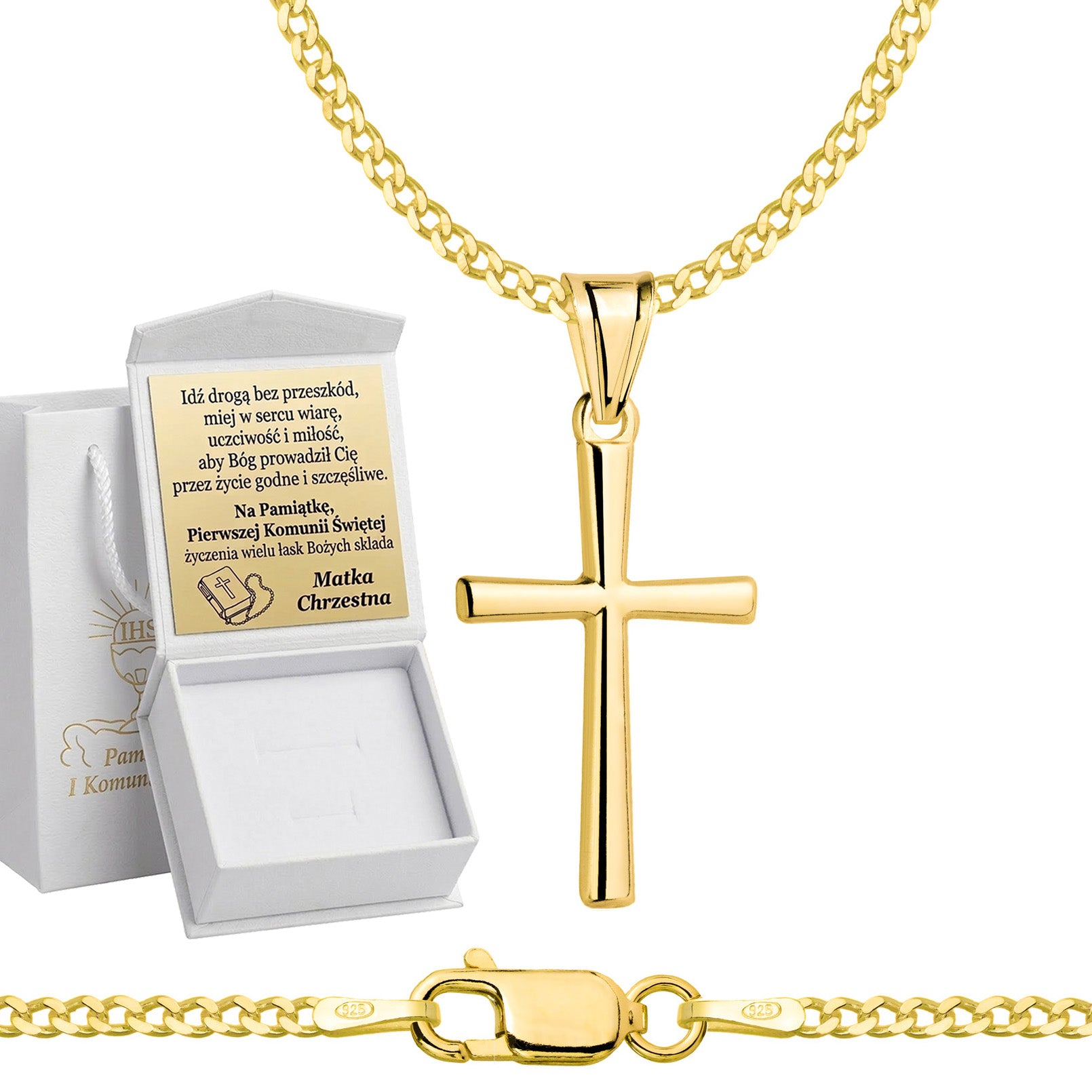 Łańcuszek komunijny pozłacany srebrny pancerka z krzyżykiem 2mm z grawerowanym pudełeczkiem pr. 925