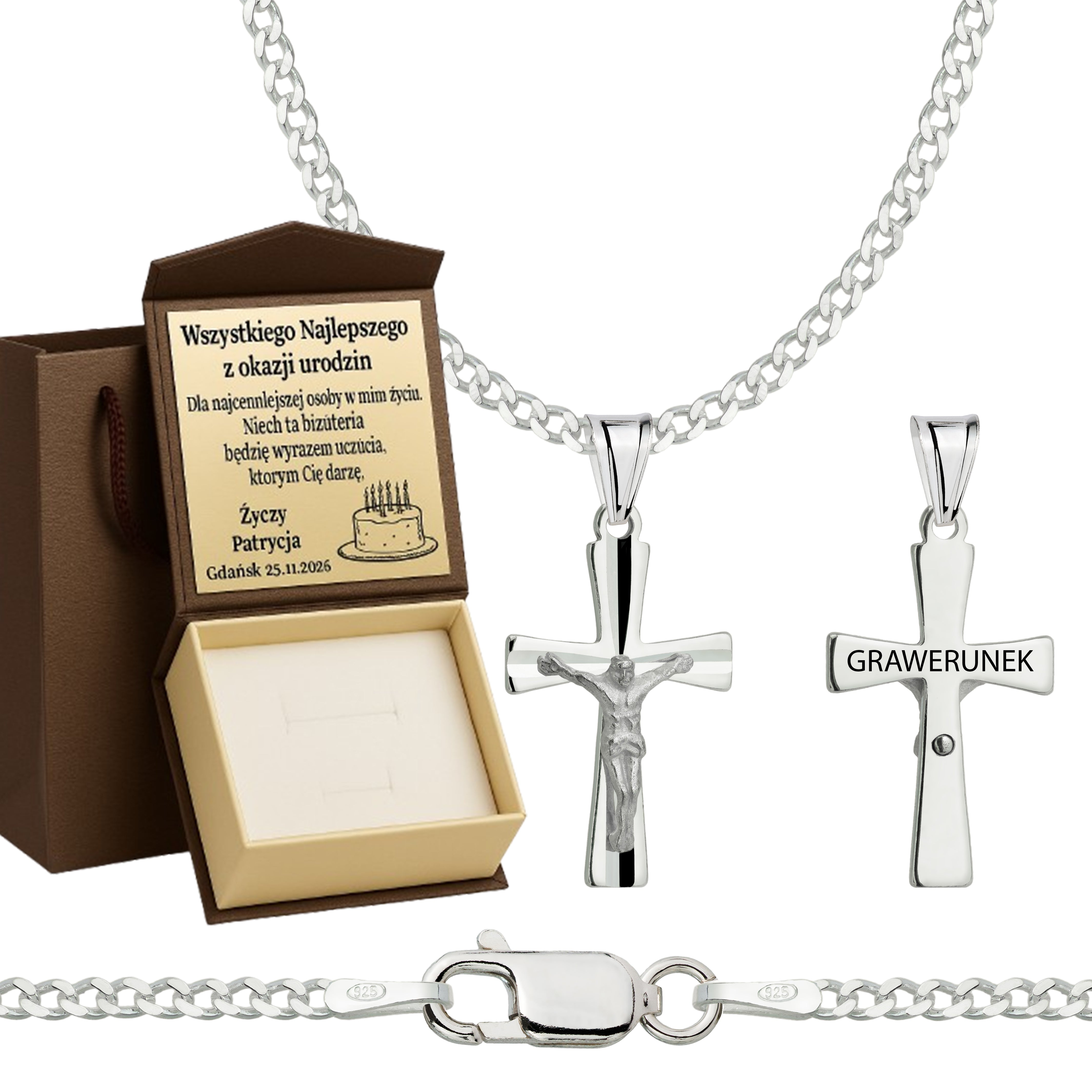 Łańcuszek srebrny z krzyżykiem pancerka 2mm pr. 925