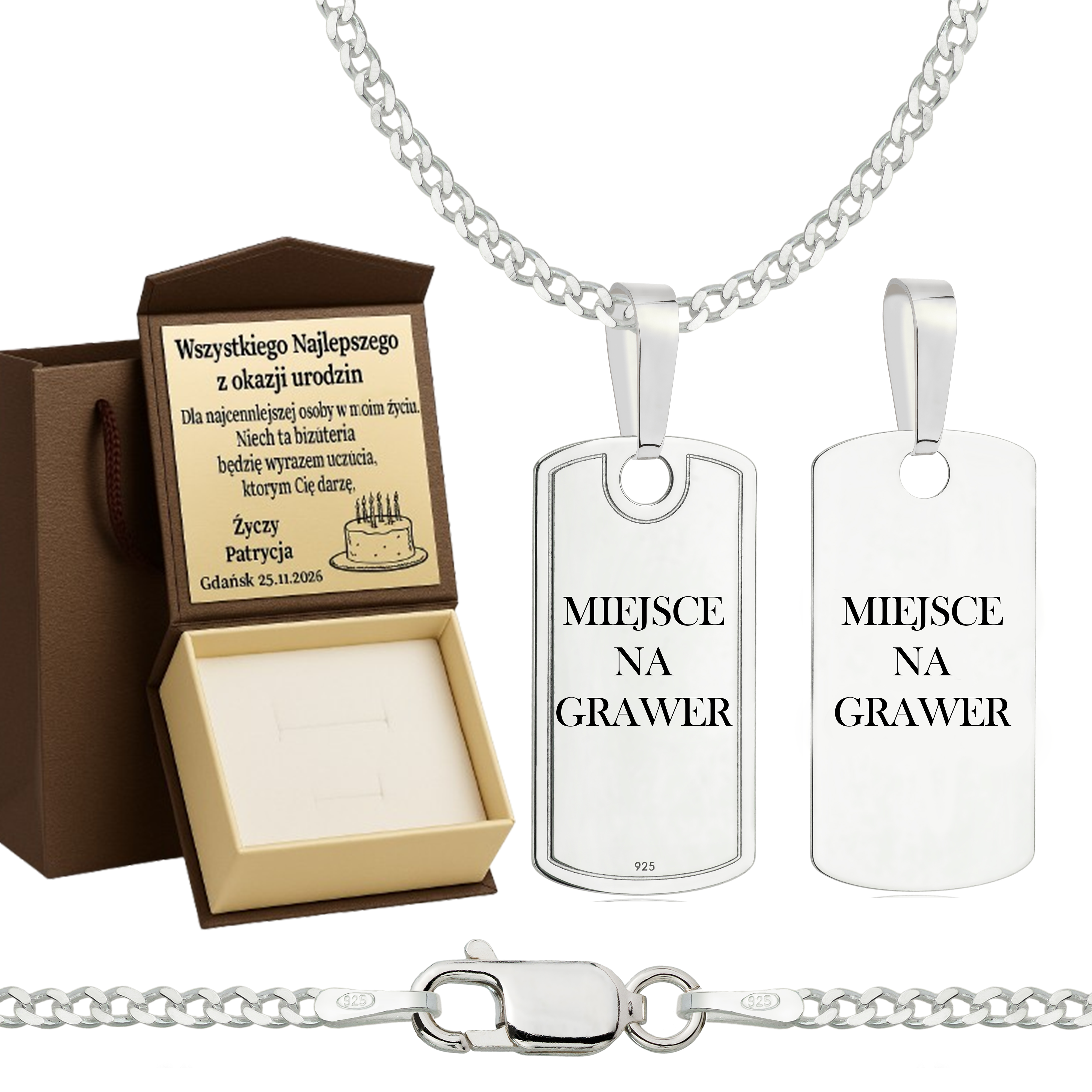 Łańcuszek srebrny z nieśmiertelnikiem pancerka 2mm pr. 925