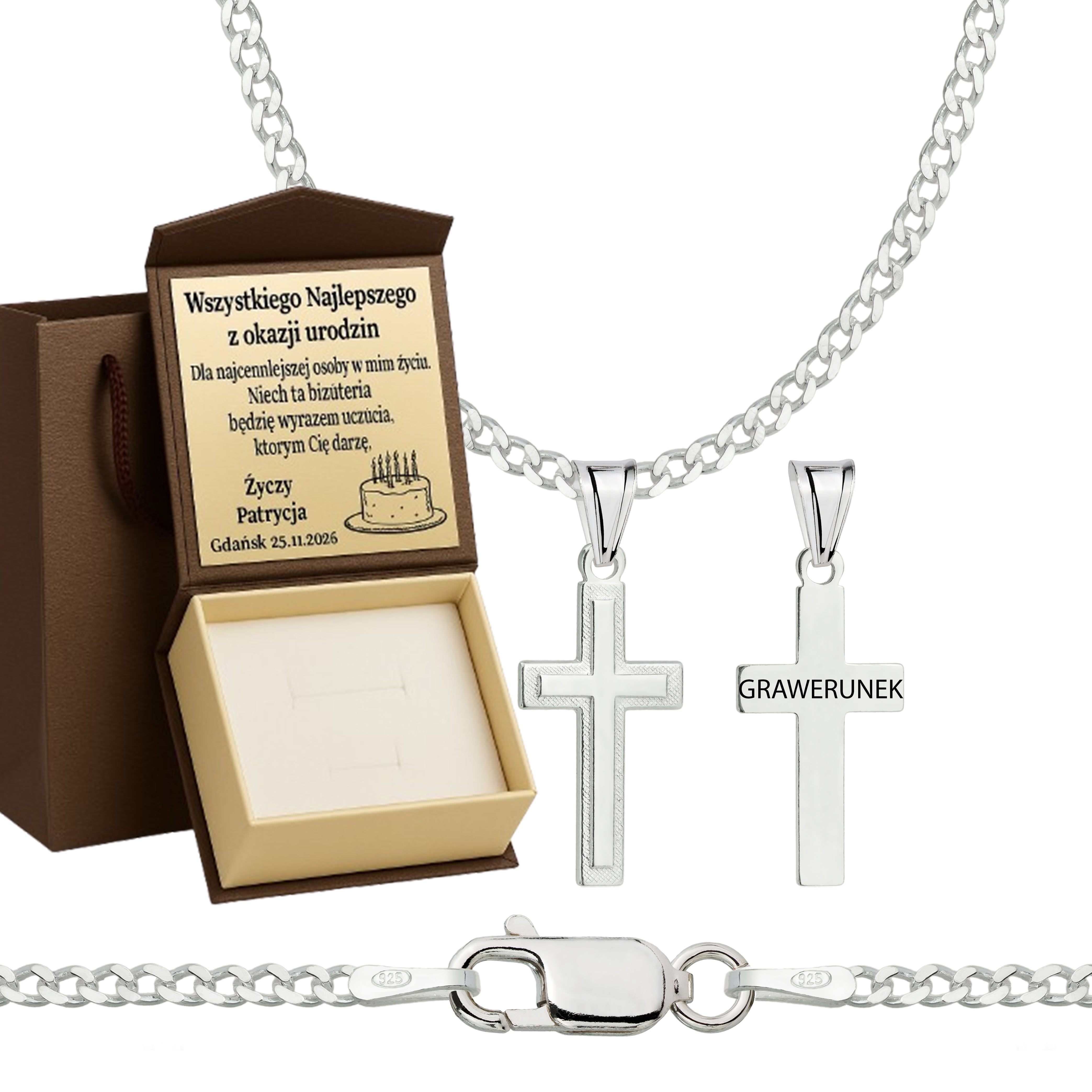 Łańcuszek srebrny z krzyżykiem pancerka 2mm pr. 925