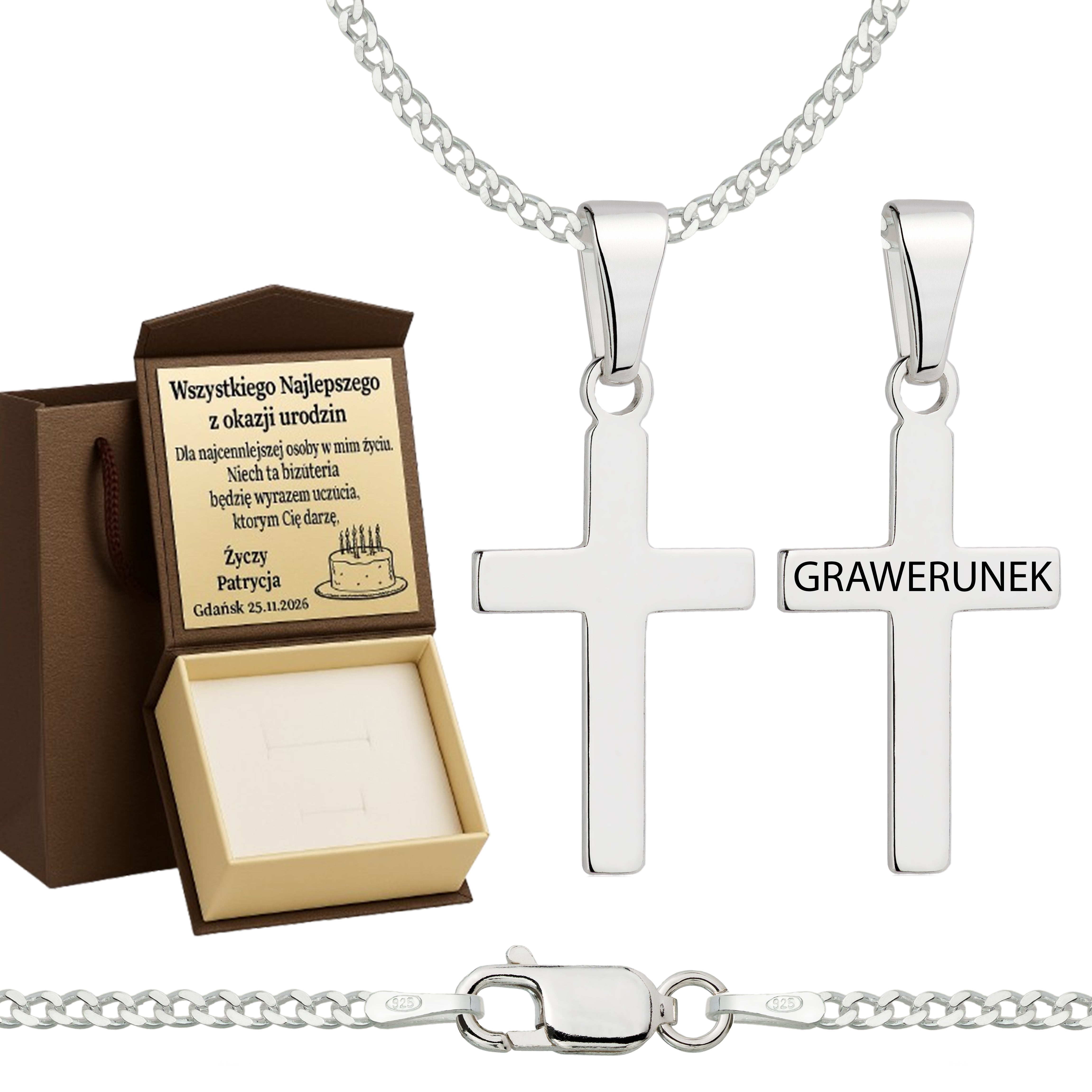 Łańcuszek srebrny z krzyżykiem pancerka 2mm pr. 925