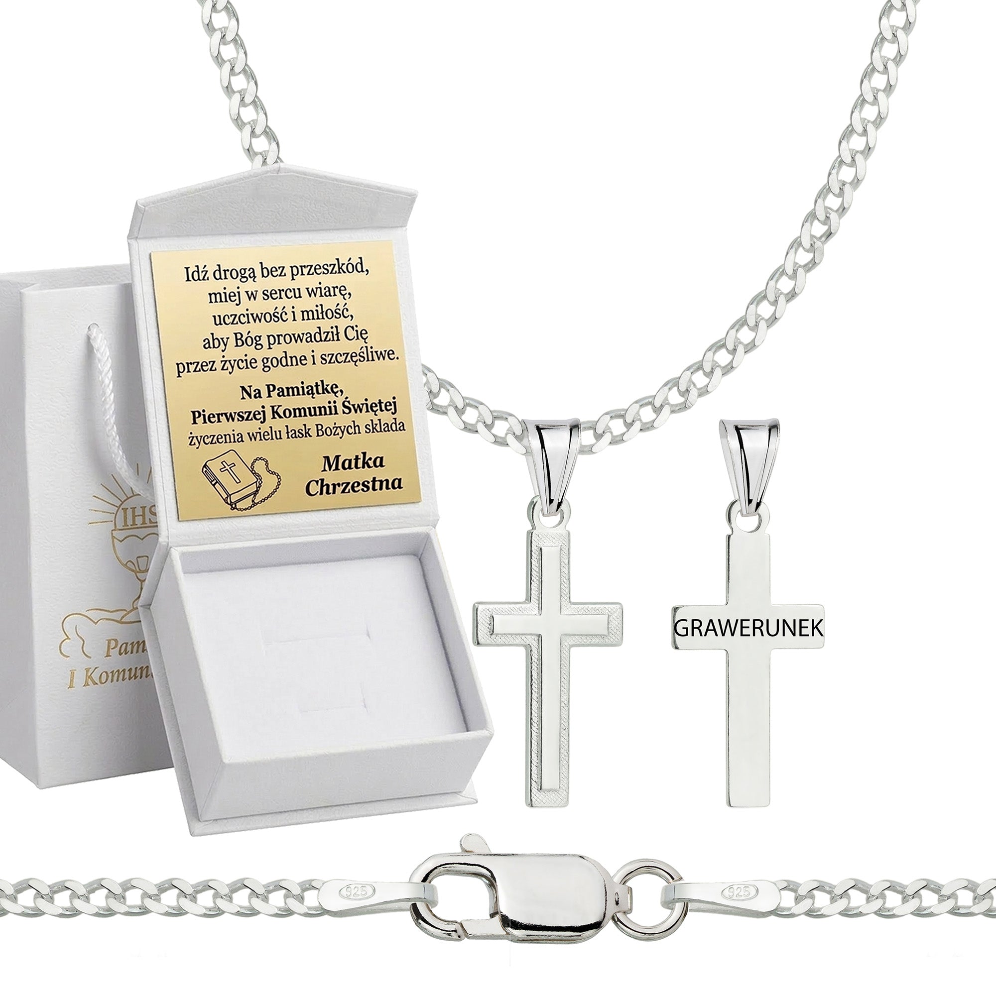 Łańcuszek komunijny srebrny z krzyżykiem pancerka 2mm z grawerowanym pudełeczkiem i zawieszką pr. 925