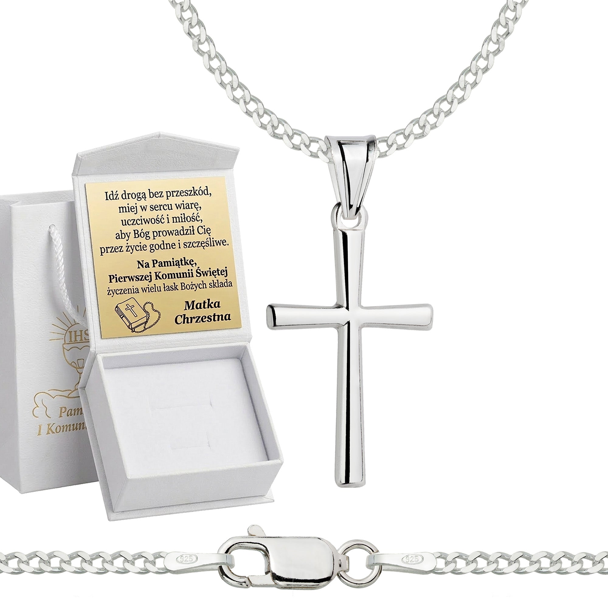 Łańcuszek komunijny srebrny z krzyżykiem pancerka 2mm z grawerowanym pudełeczkiem pr. 925