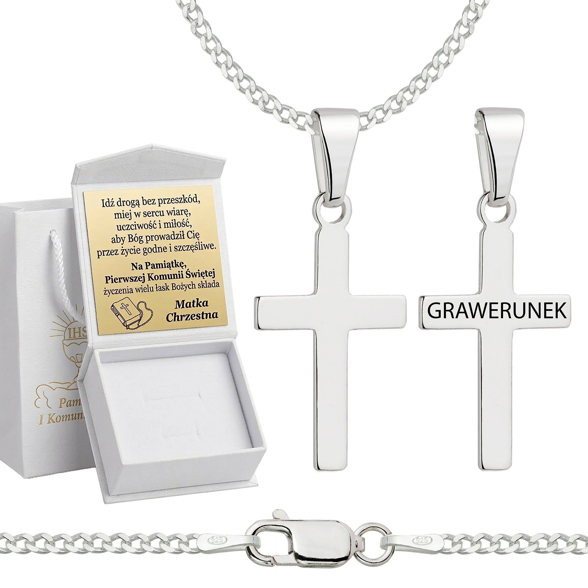 Łańcuszek komunijny srebrny z krzyżykiem pancerka 2mm z grawerowanym pudełeczkiem i zawieszką pr. 925