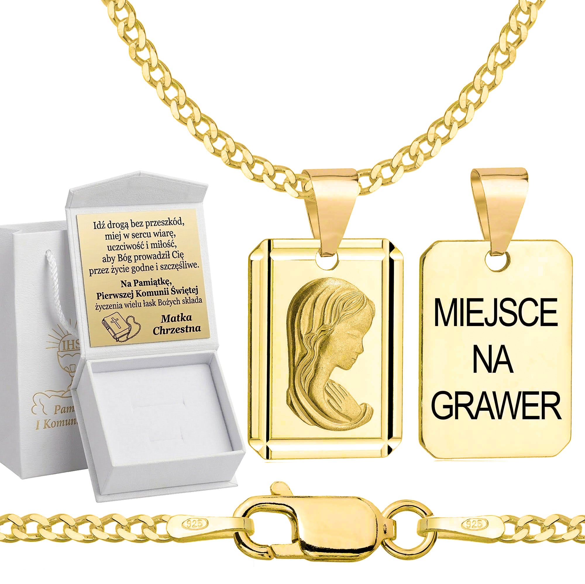 Łańcuszek komunijny pozłacany srebrny pancerka z medalikiem 2mm z grawerowanym pudełeczkiem i zawieszką pr. 925