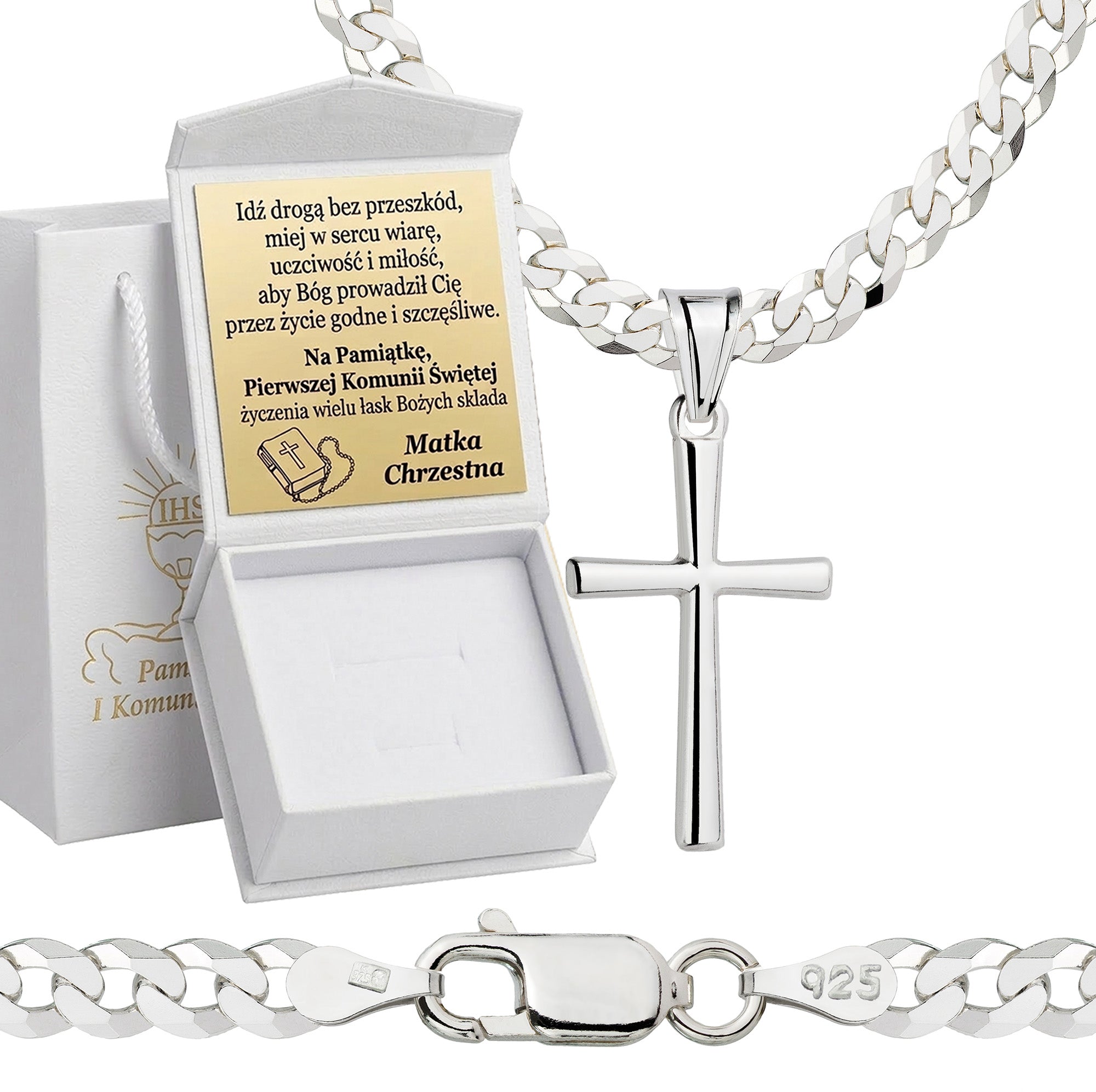 Łańcuszek komunijny srebrny z krzyżykiem pancerka 3,8mm z grawerowanym pudełeczkiem pr. 925