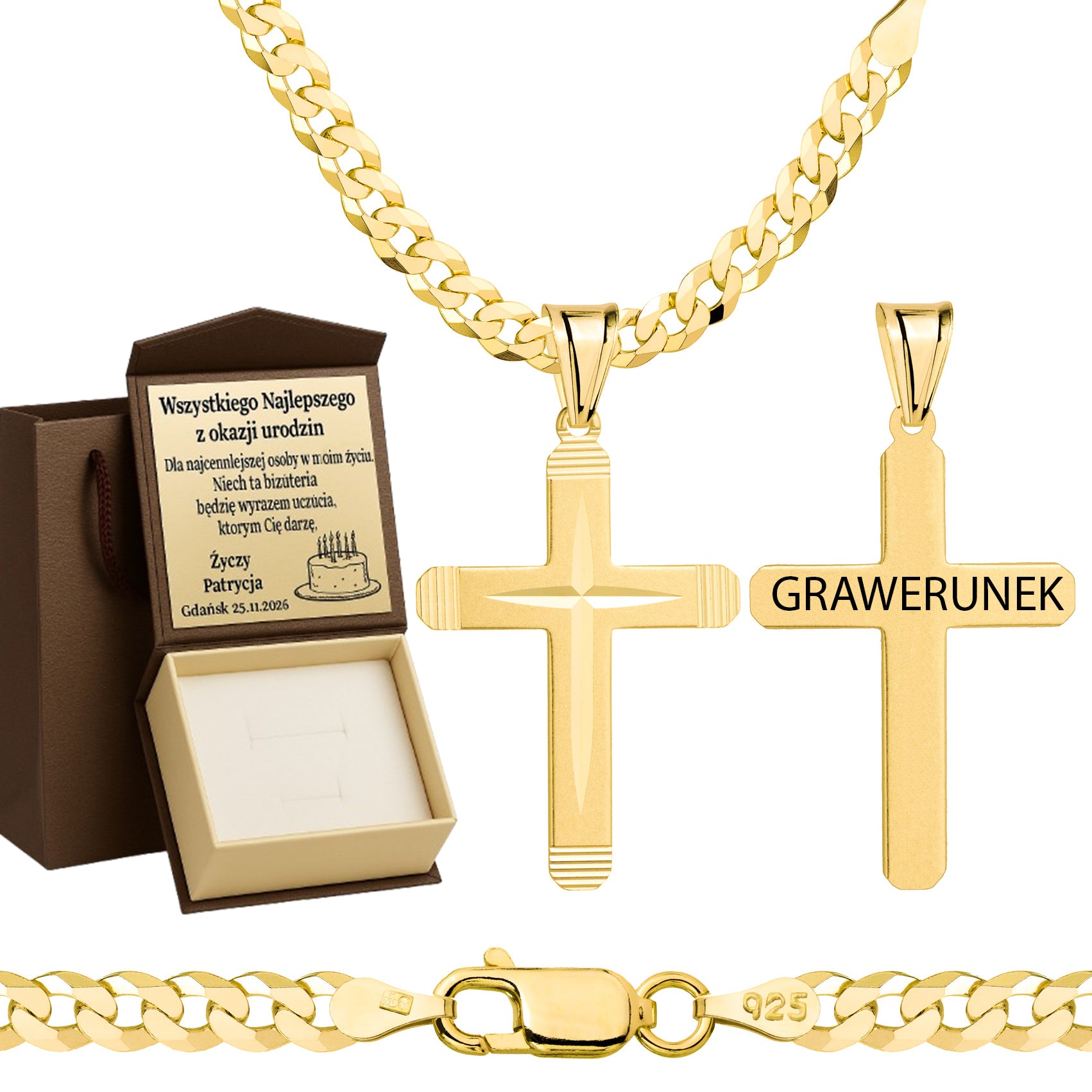 Łańcuszek pozłacany srebrny z krzyżykiem pancerka 3,8mm pr. 925