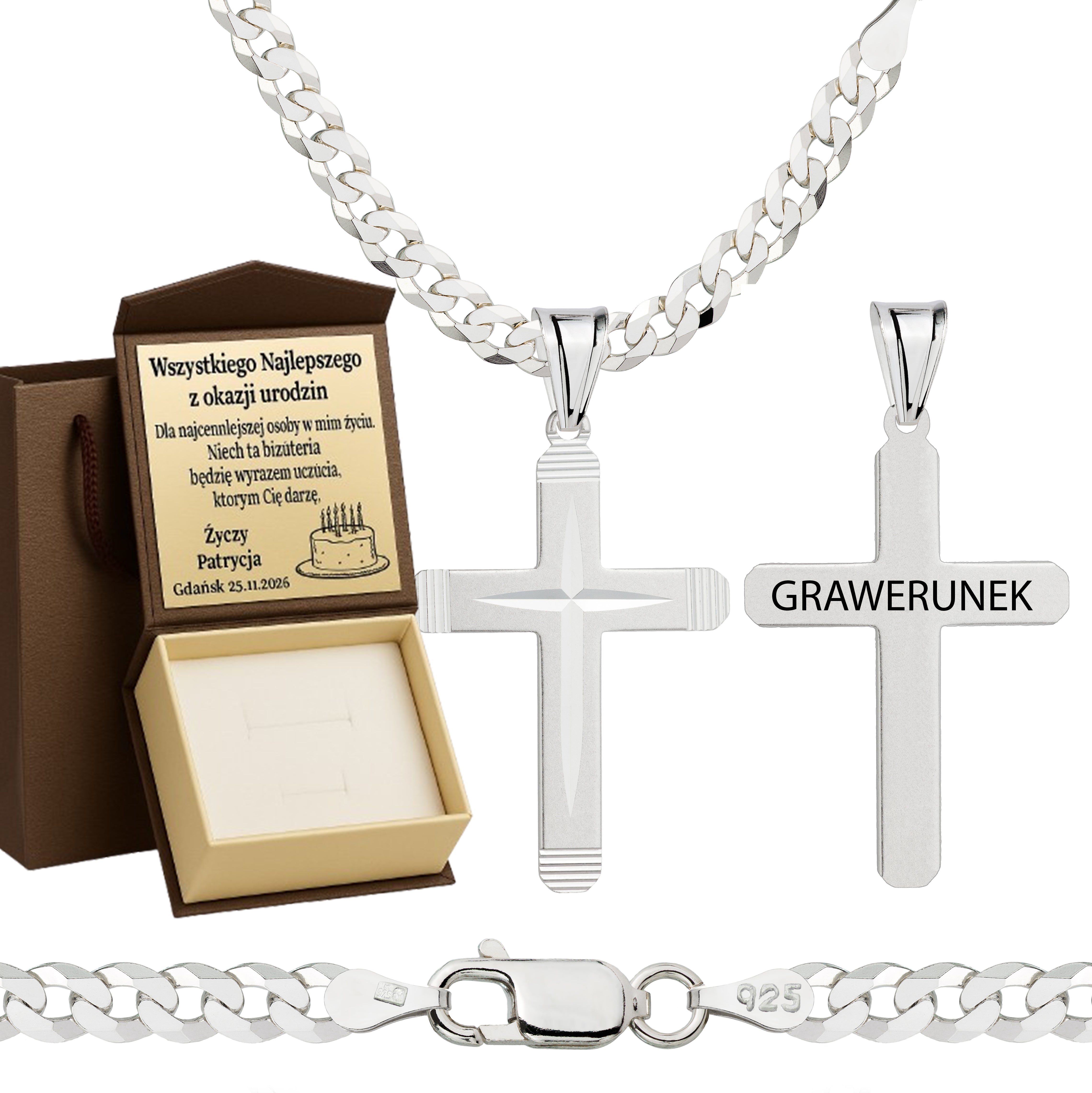 Łańcuszek srebrny z krzyżykiem pancerka 3,8mm pr. 925