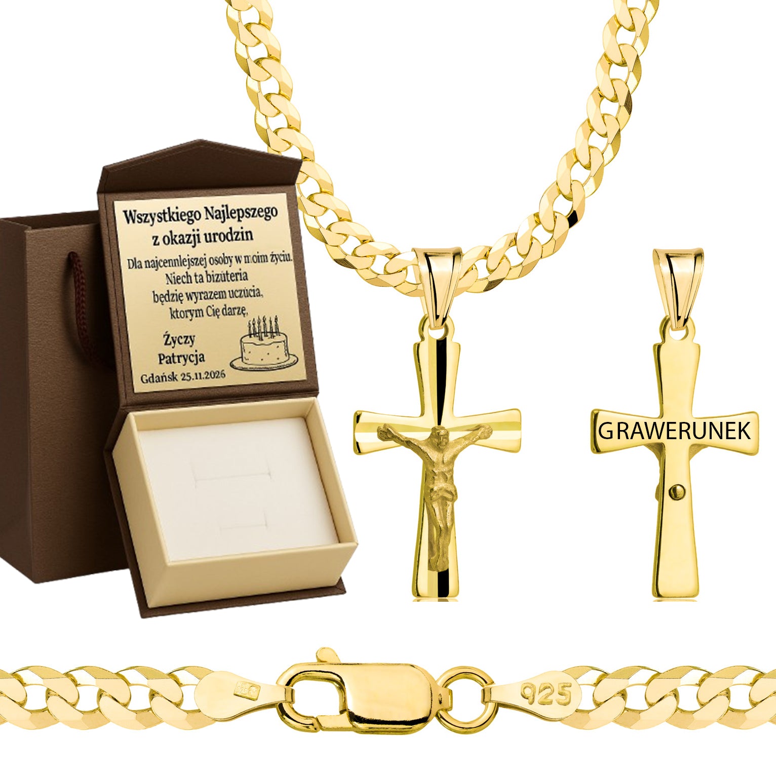 Łańcuszek pozłacany srebrny z krzyżykiem pancerka 3,8mm pr. 925