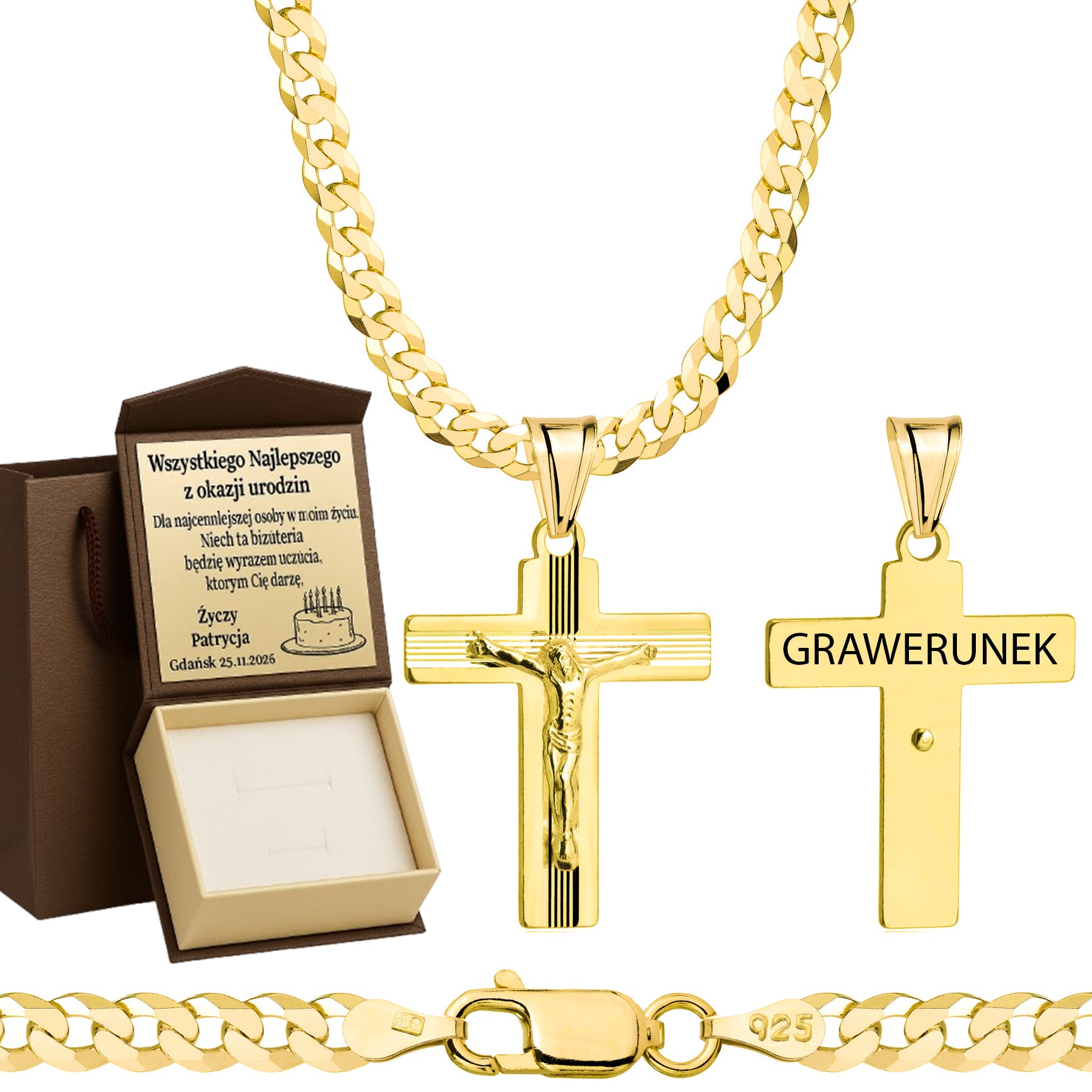 Łańcuszek pozłacany srebrny z krzyżykiem pancerka 3,8mm pr. 925