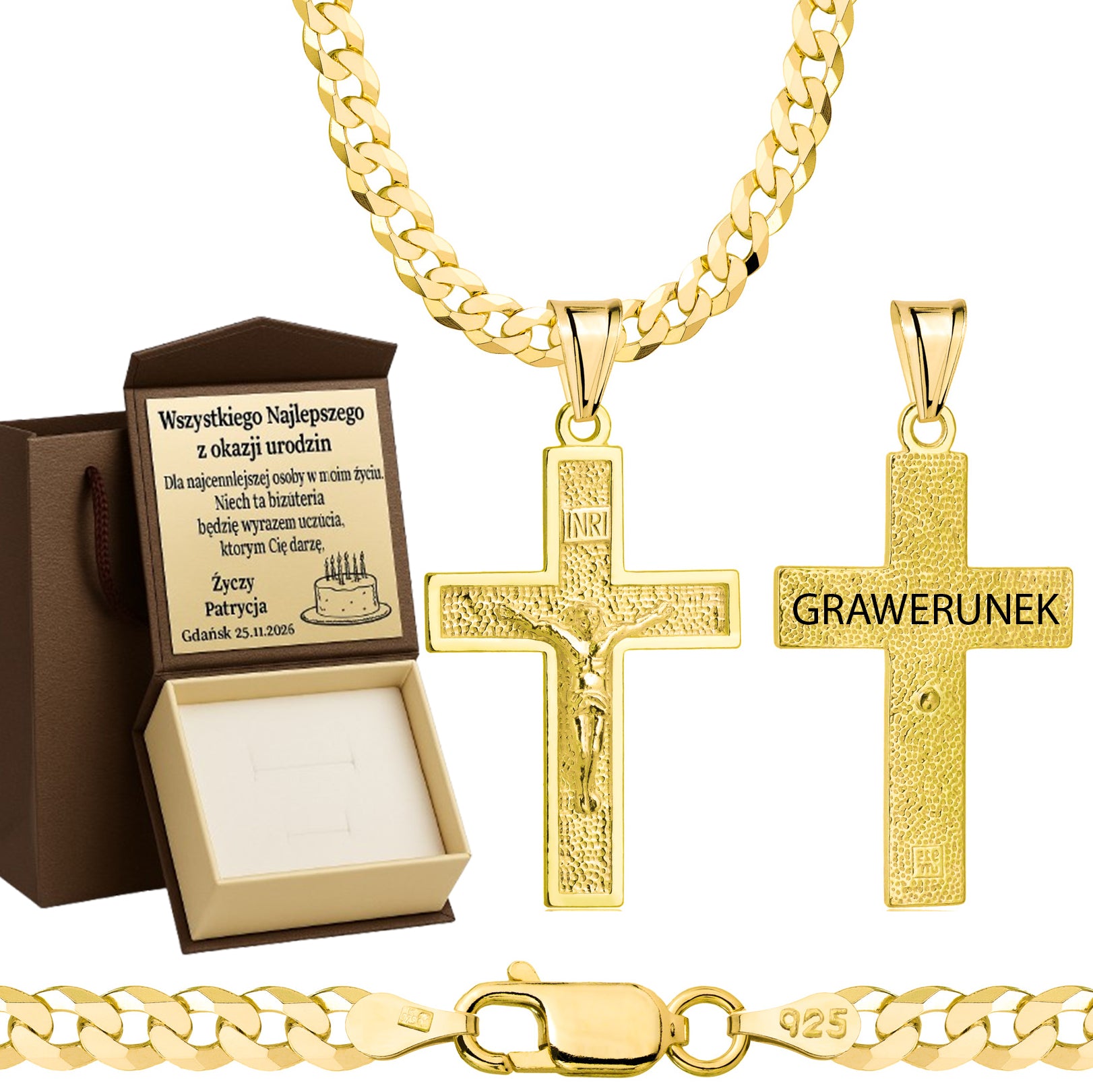 Łańcuszek pozłacany srebrny z krzyżykiem pancerka 3,8mm pr. 925