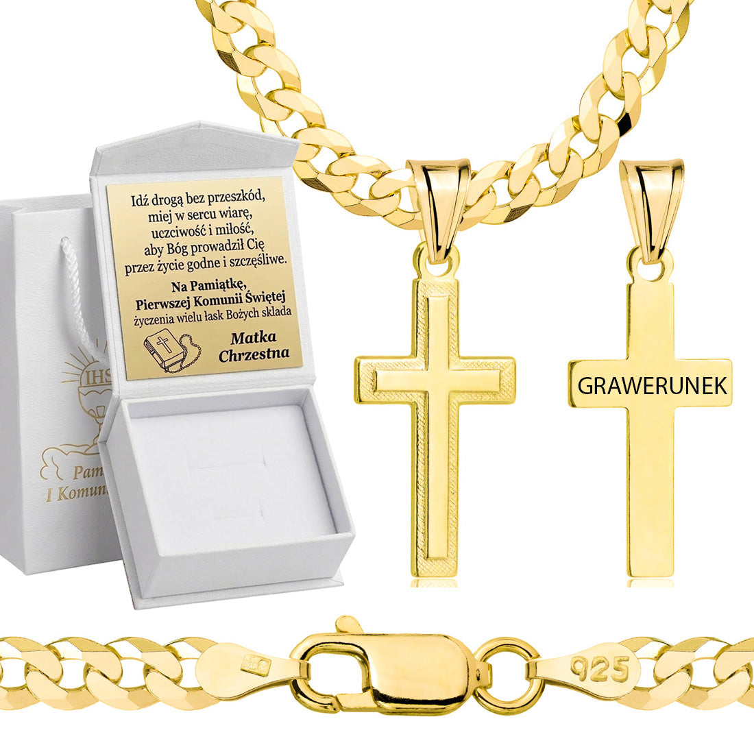 Łańcuszek komunijny pozłacany srebrny pancerka z krzyżykiem 3,8mm z grawerowanym pudełeczkiem i zawieszką pr. 925