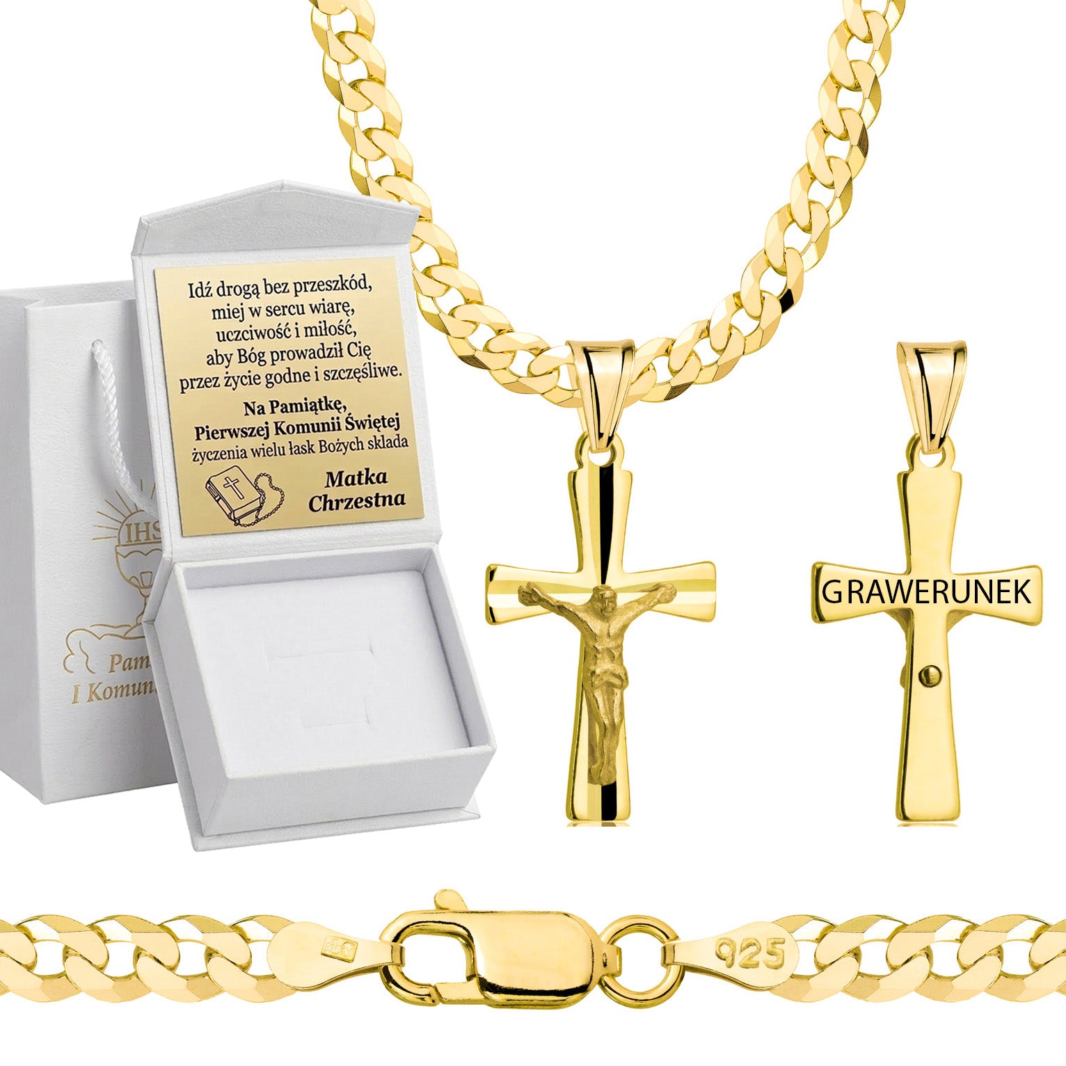 Łańcuszek komunijny pozłacany srebrny pancerka z krzyżykiem 3,8mm z grawerowanym pudełeczkiem i zawieszką pr. 925