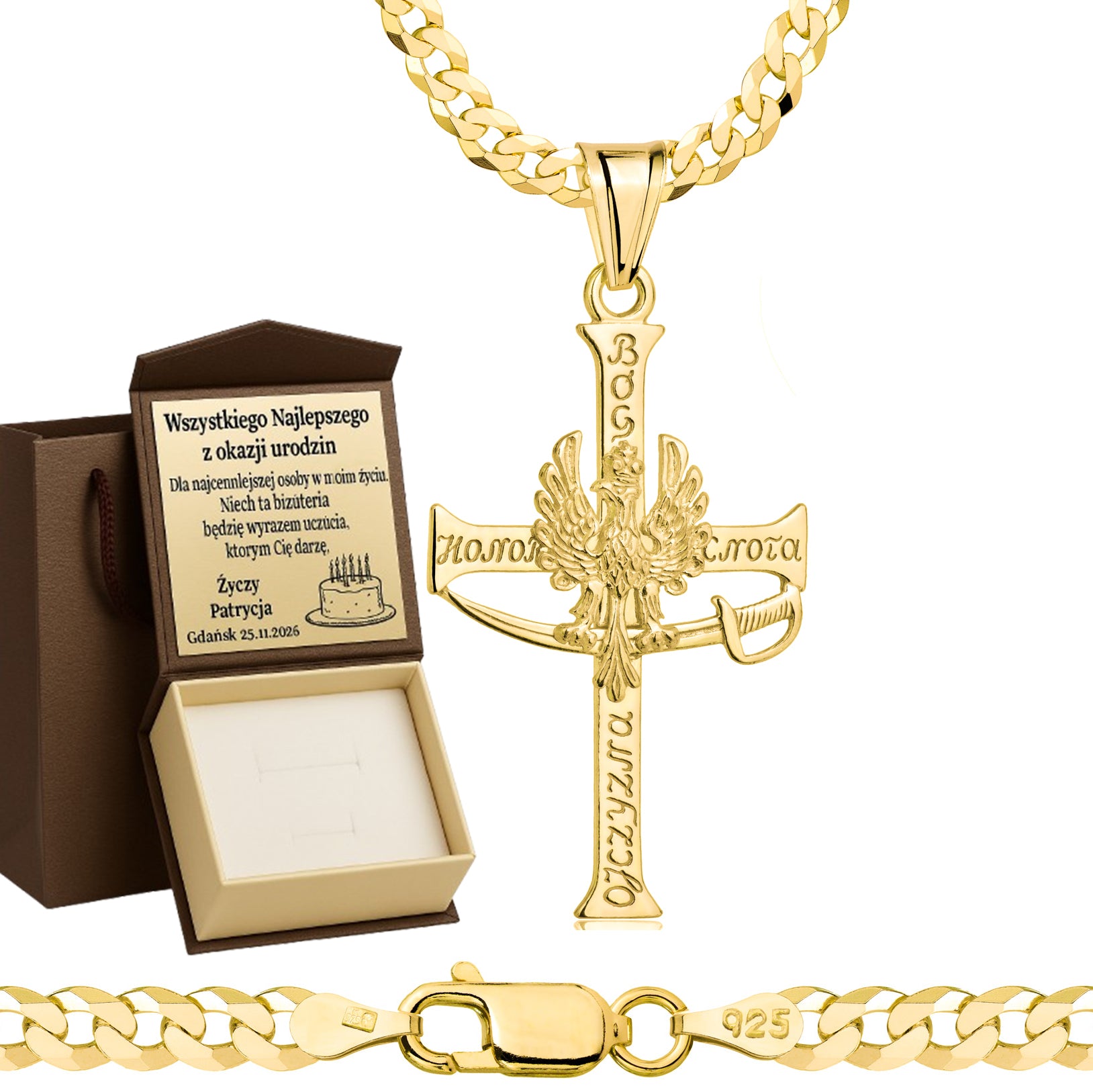 Łańcuszek pozłacany srebrny z krzyżykiem pancerka 3,8mm pr. 925