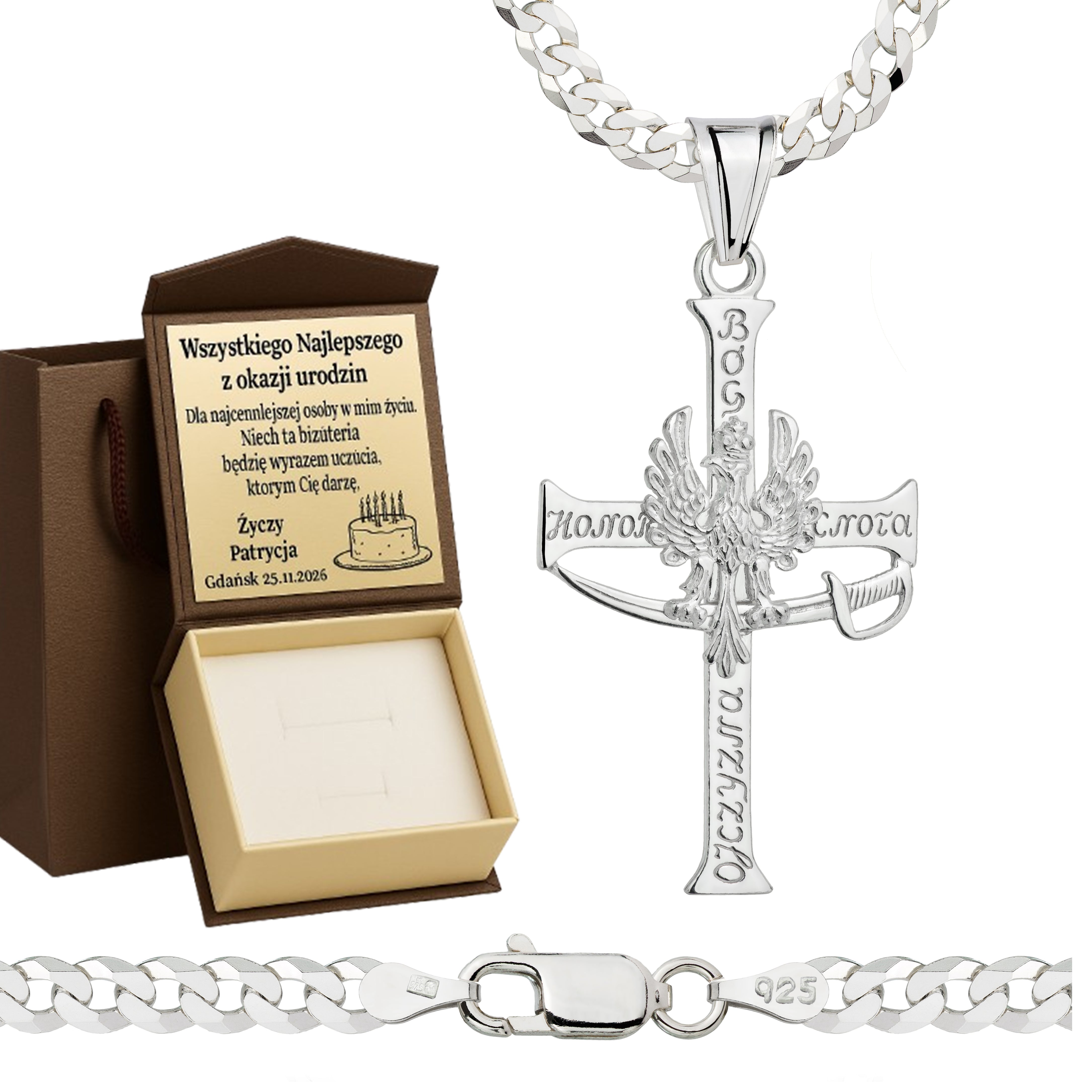 Łańcuszek srebrny z krzyżykiem pancerka 3,8mm pr. 925