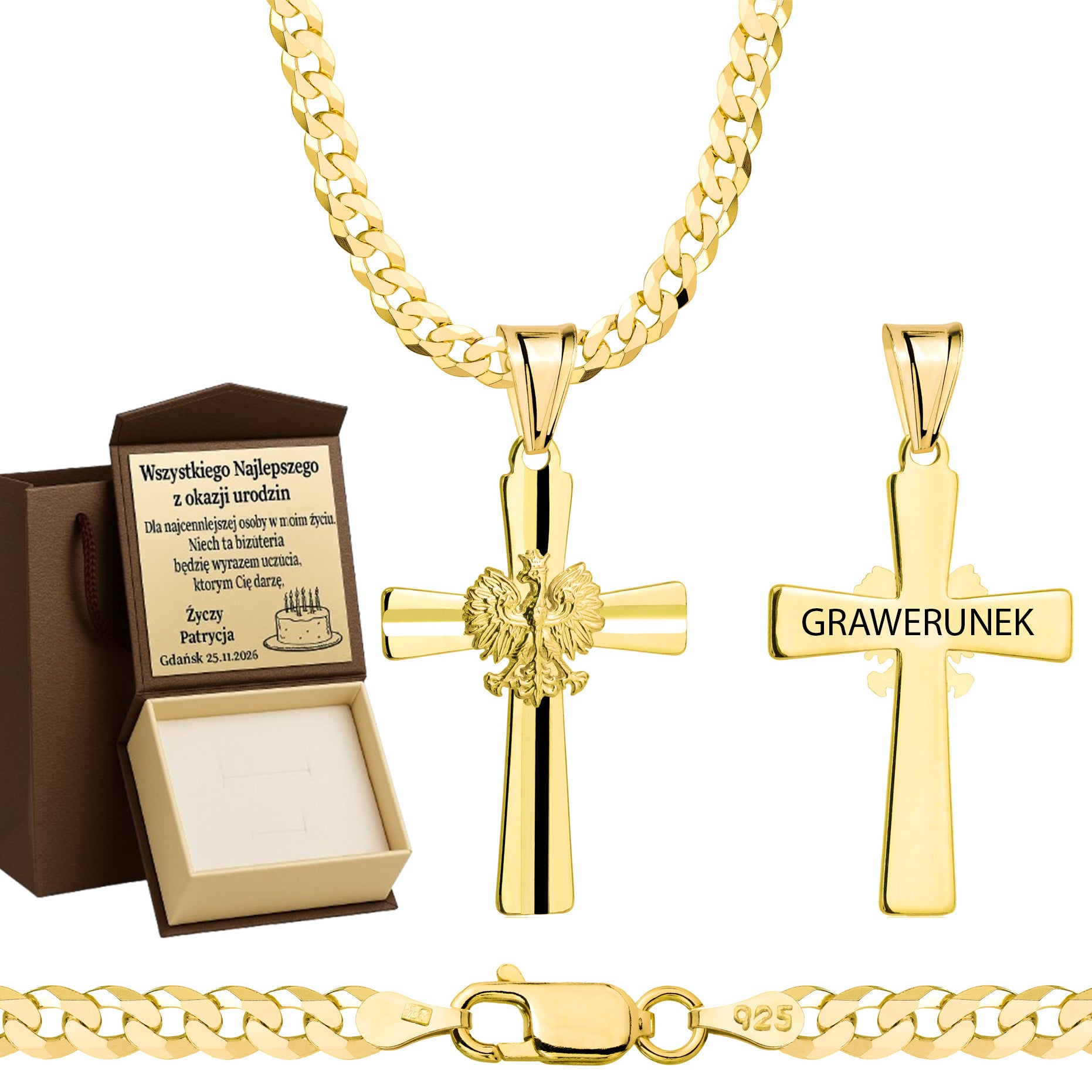 Łańcuszek pozłacany srebrny z krzyżykiem pancerka 3,8mm pr. 925