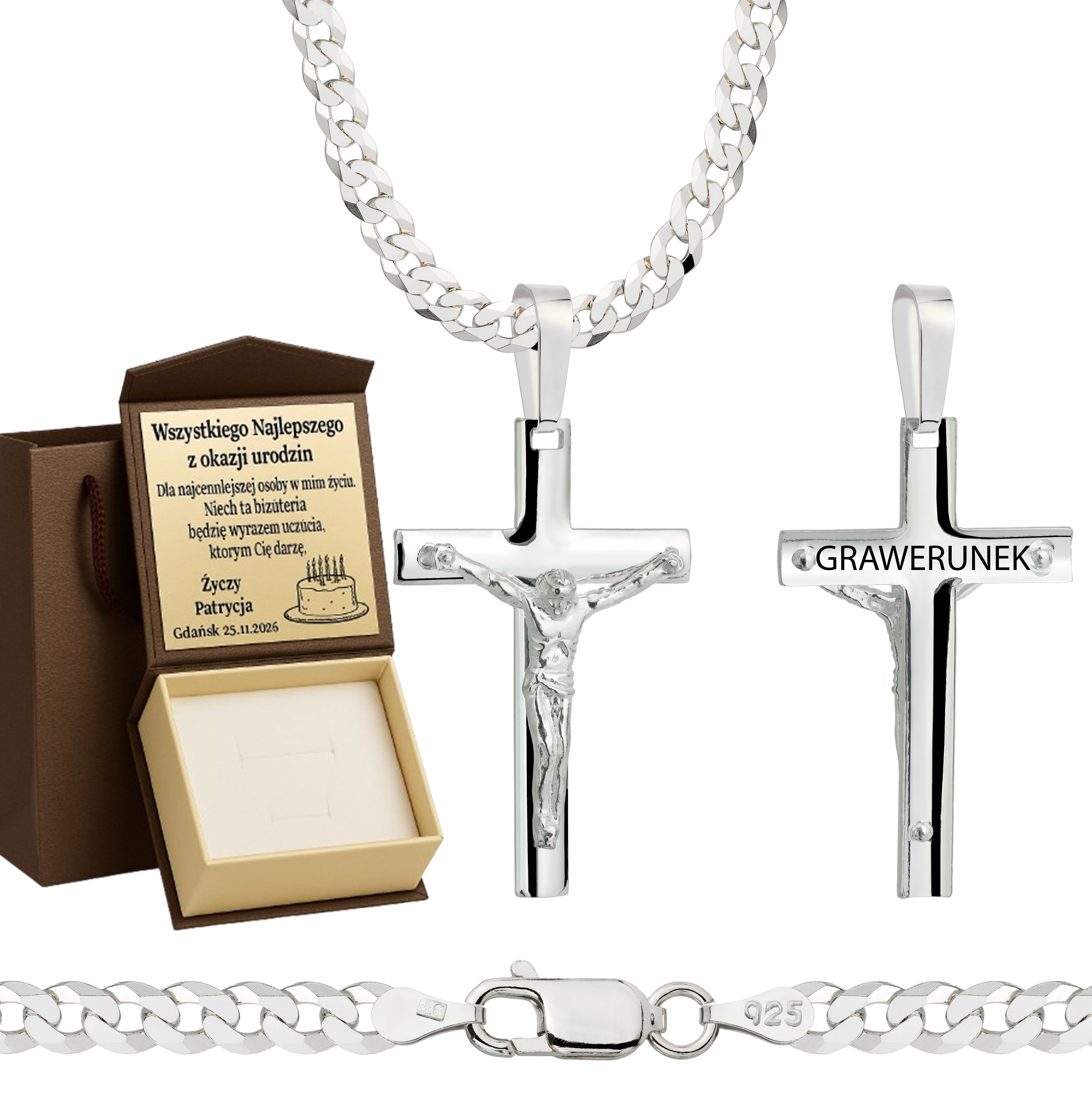 Łańcuszek srebrny z krzyżykiem pancerka 3,8mm pr. 925