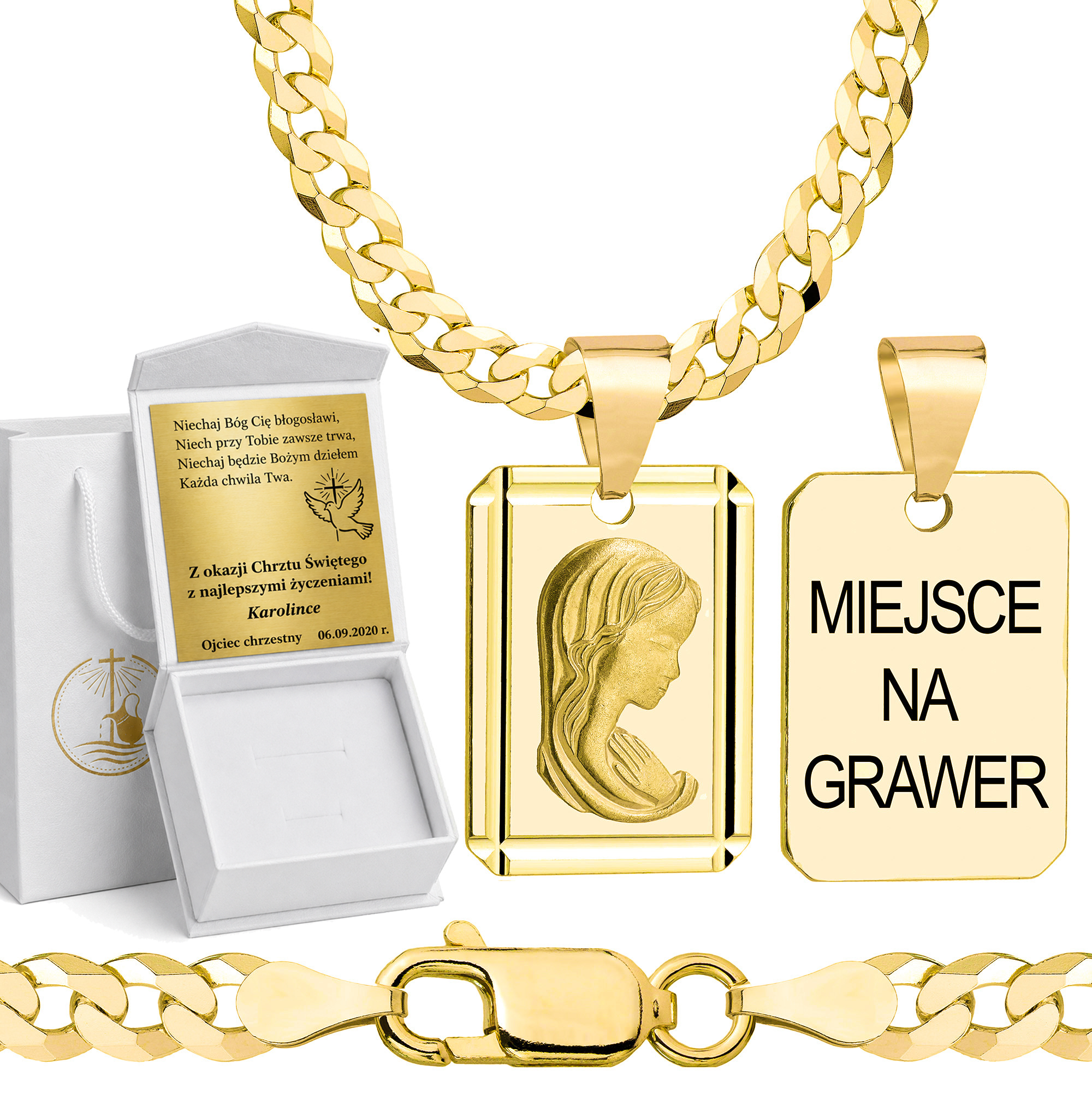 Łańcuszek na Chrzest pozłacany srebrny pancerka z medalikiem 3,8mm z grawerowanym pudełeczkiem i zawieszką pr. 925