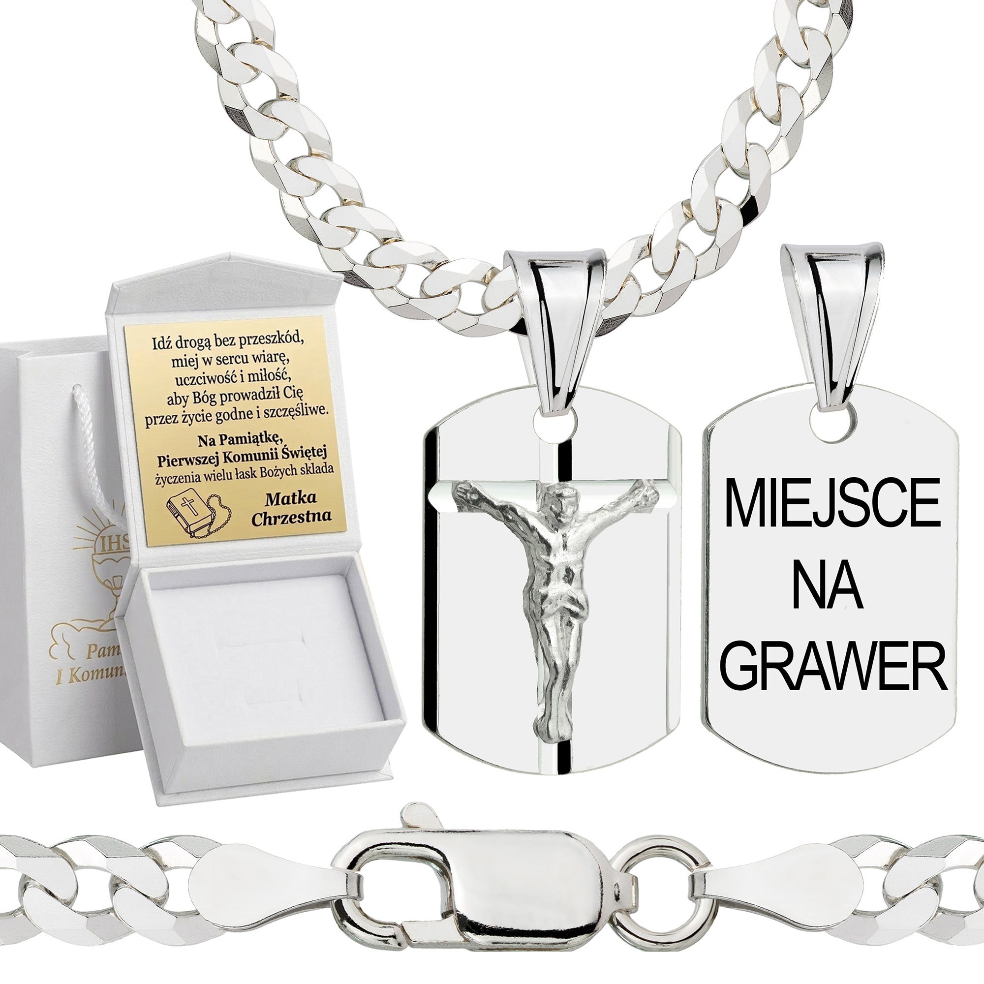 Łańcuszek komunijny srebrny z medalikiem pancerka 3,8mm z grawerowanym pudełeczkiem i zawieszką pr. 925