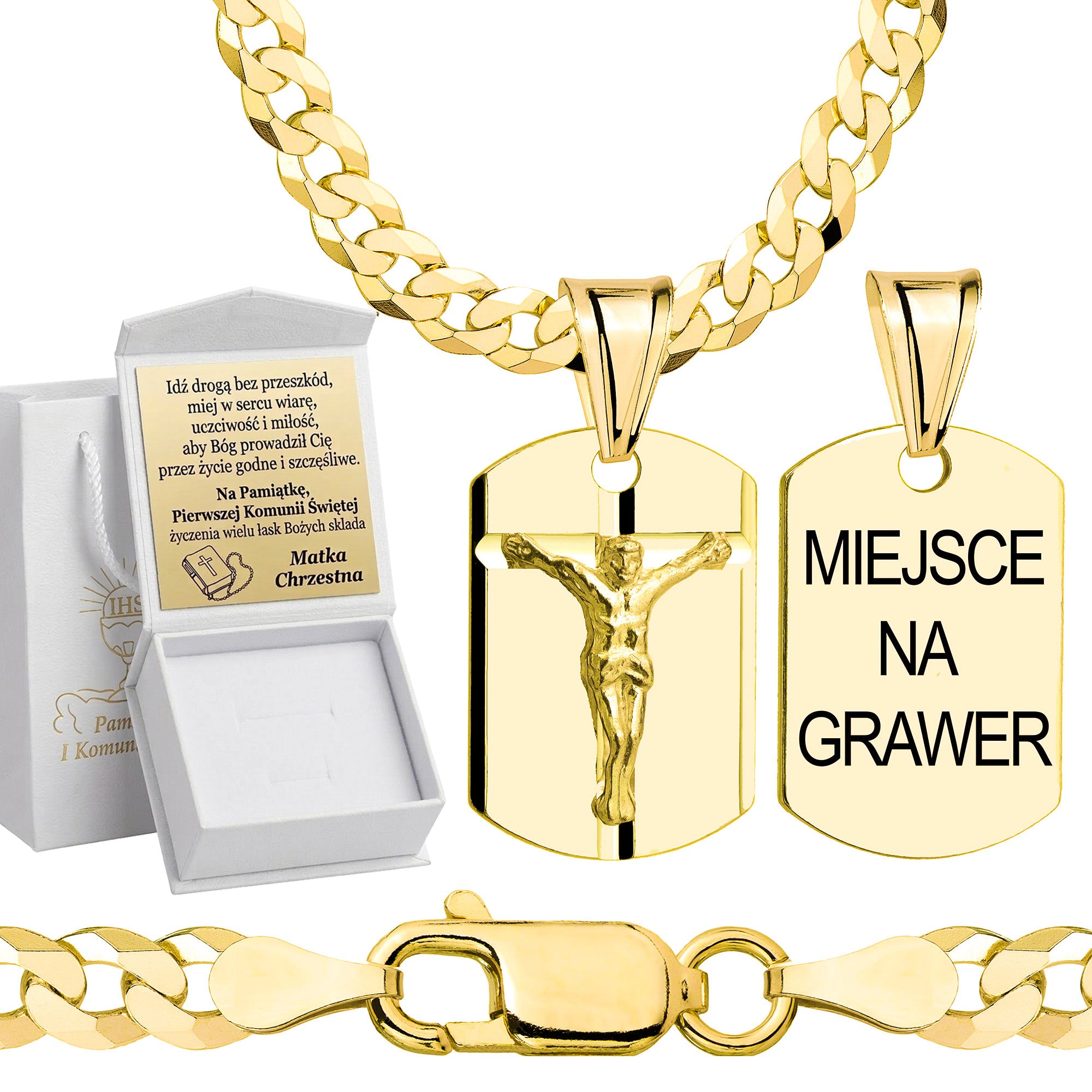 Łańcuszek komunijny pozłacany srebrny pancerka z medalikiem 3,8mm z grawerowanym pudełeczkiem i zawieszką pr. 925