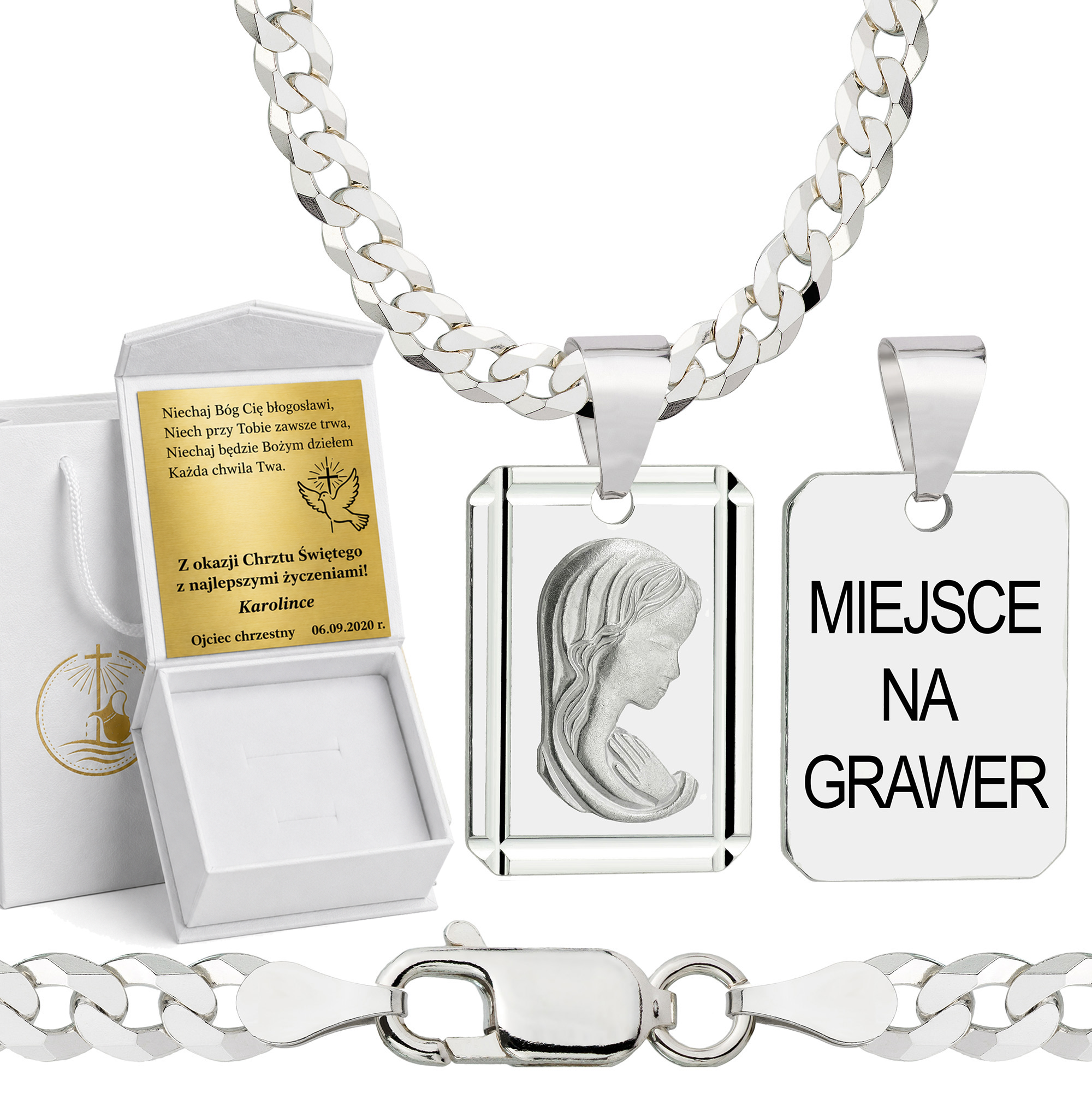 Łańcuszek na Chrzest srebrny z medalikiem pancerka 3,8mm z grawerowanym pudełeczkiem i zawieszką pr. 925