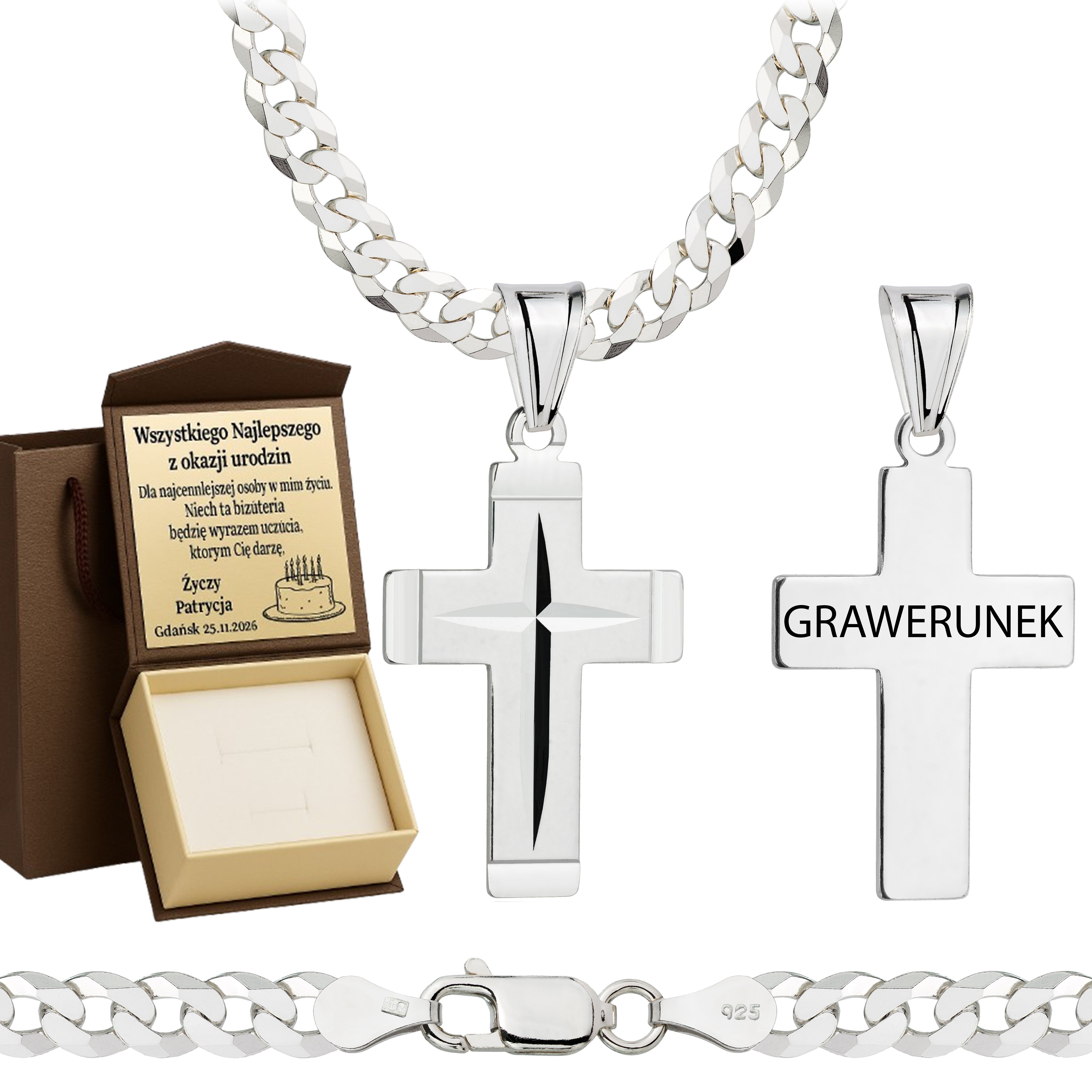 Łańcuszek srebrny z krzyżykiem pancerka 5mm pr. 925