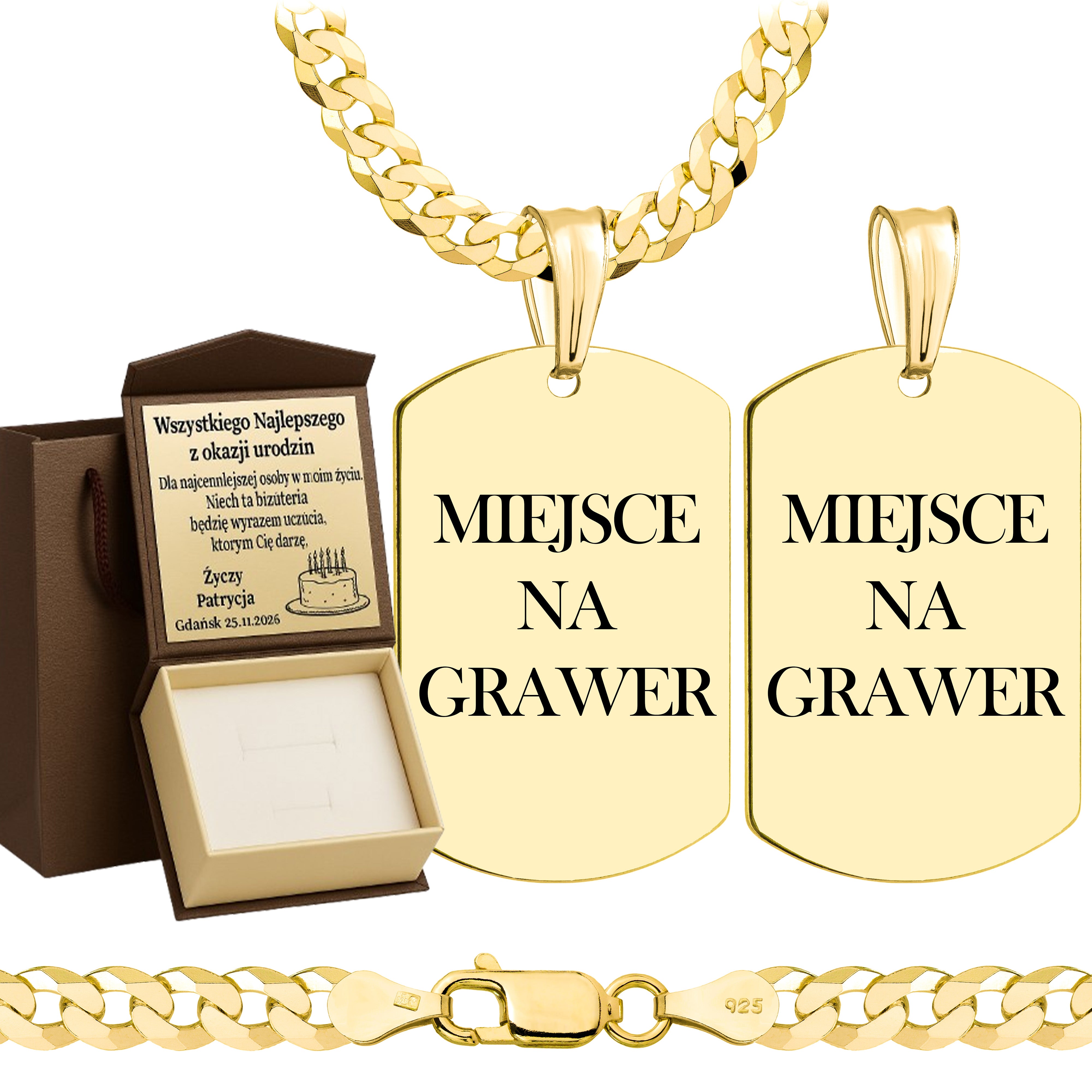 Łańcuszek pozłacany srebrny z nieśmiertelnikiem pancerka 5mm pr. 925 585