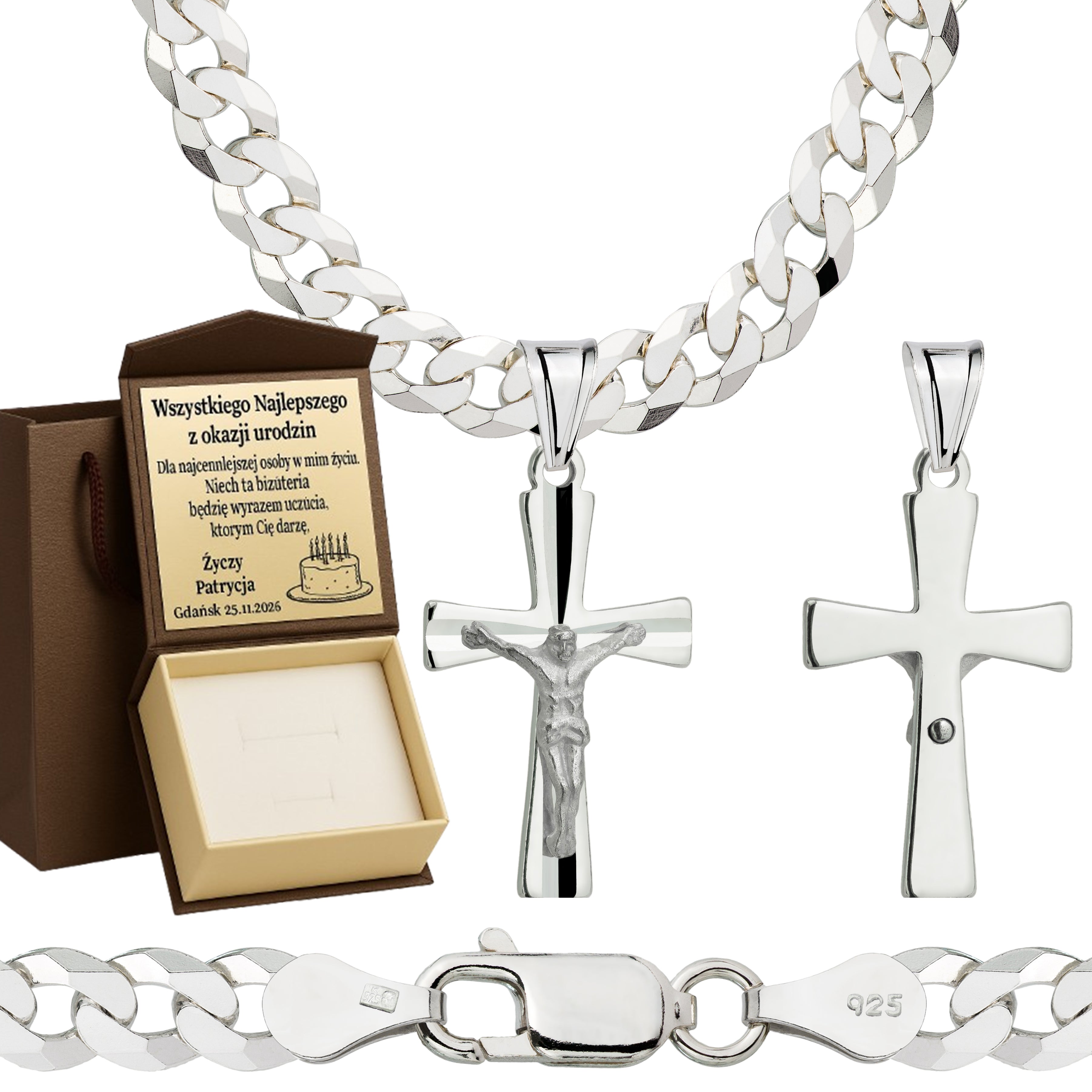 Łańcuszek srebrny z krzyżykiem pancerka 5mm pr. 925