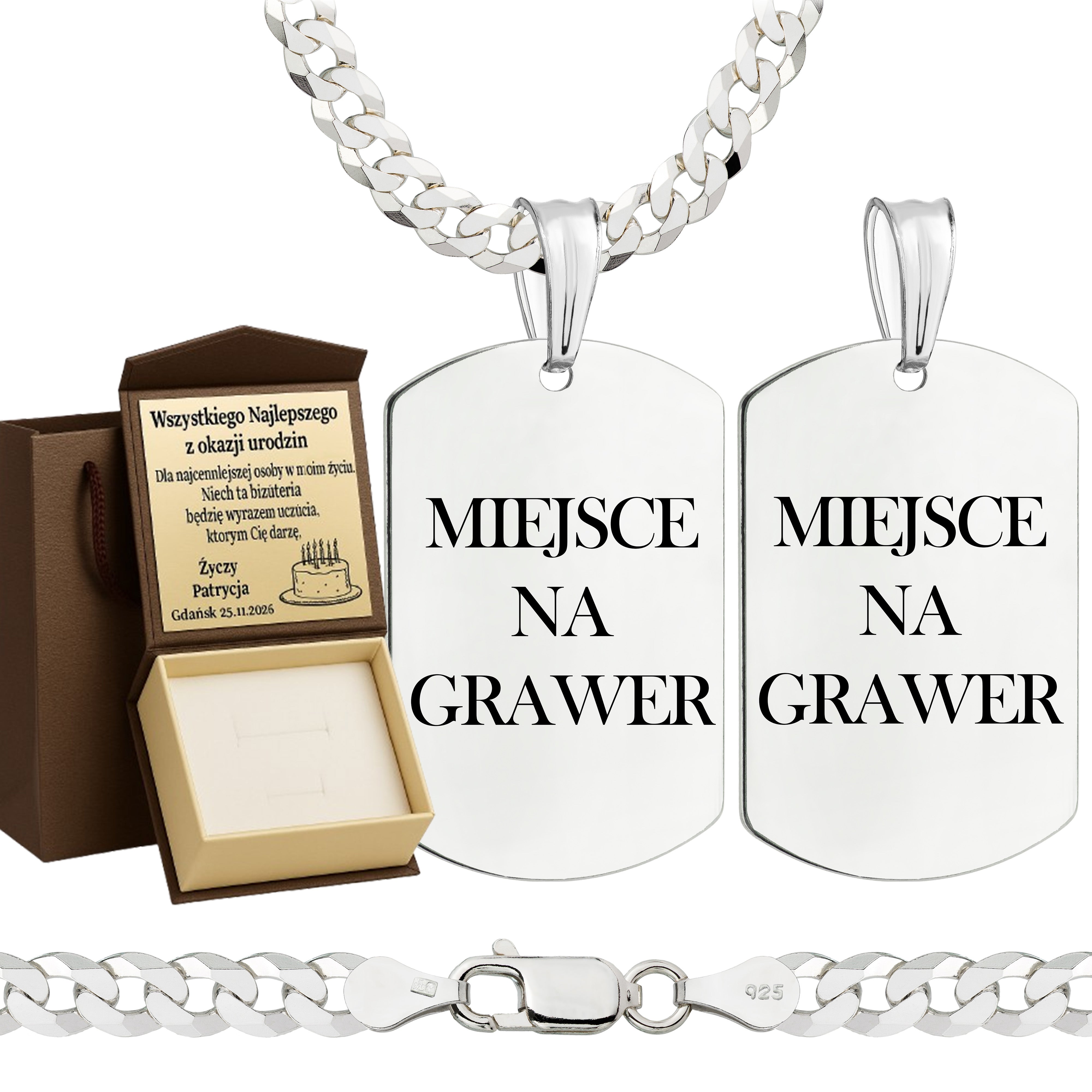 Łańcuszek srebrny z nieśmiertelnikiem pancerka 5mm pr. 925