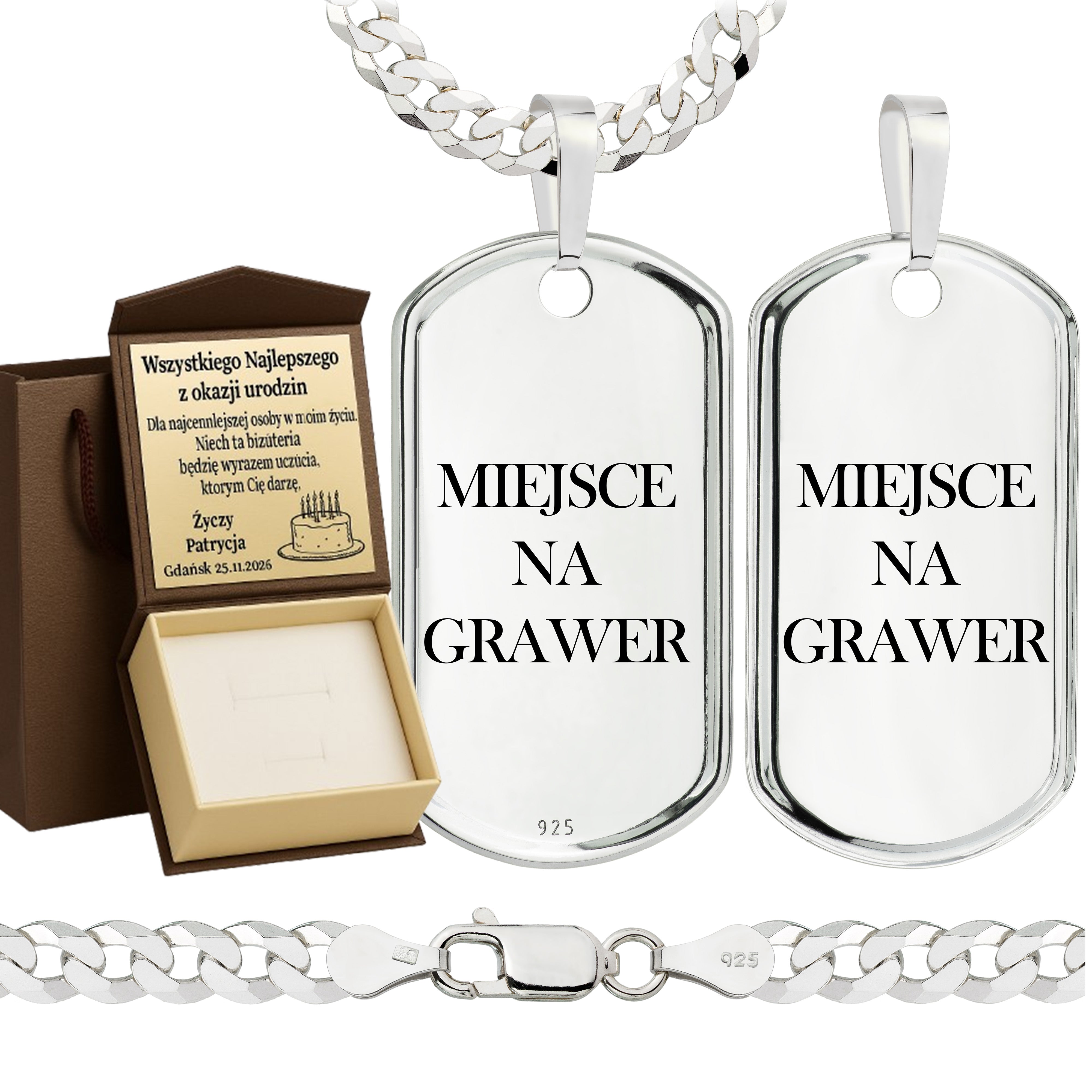 Łańcuszek srebrny z nieśmiertelnikiem pancerka 5mm pr. 925